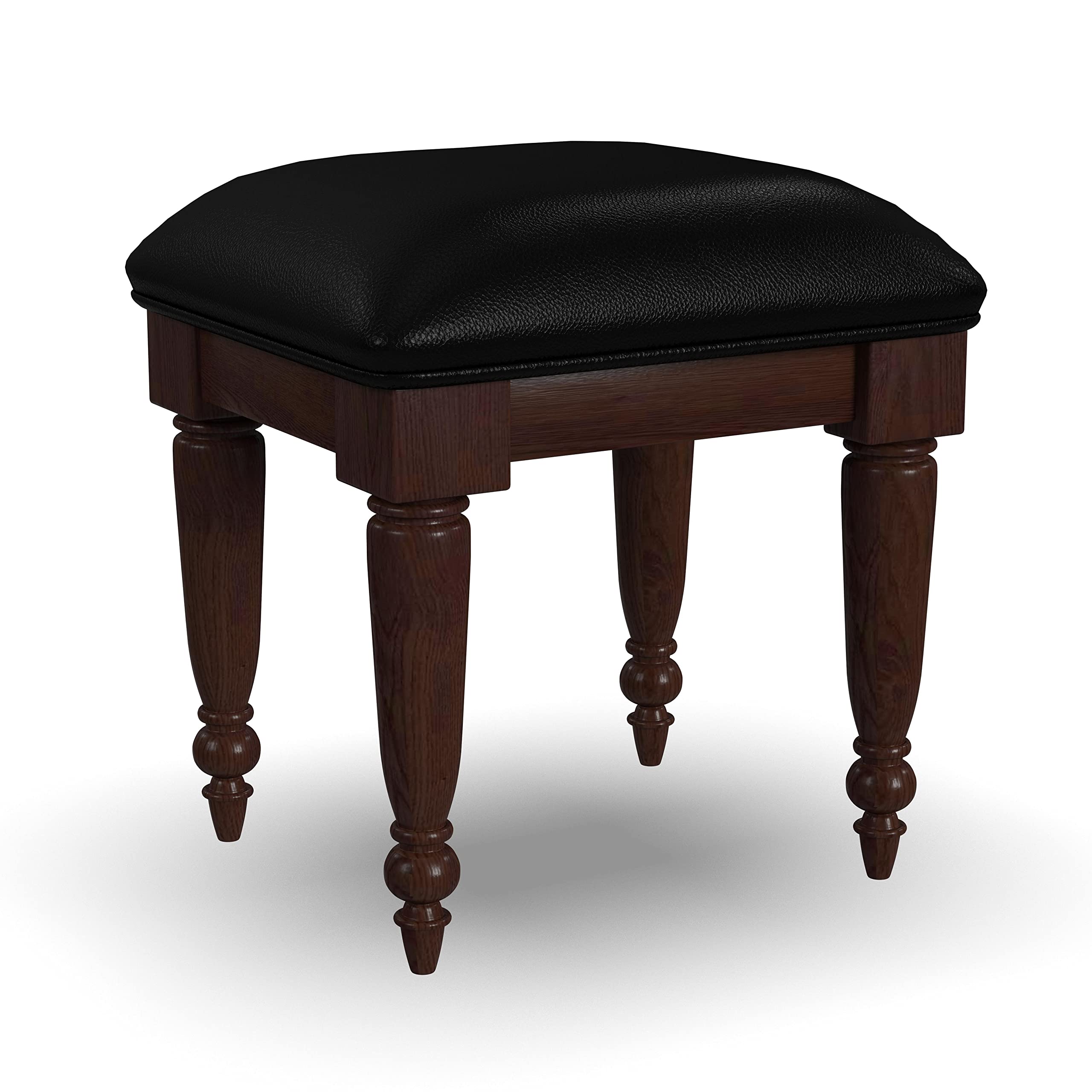 Home Styles Lafayette Cherry Vanity Bench with Black Vinyl Cushion - Solid Mahogany Wood & Spindle Legs - Perfect for Bedroom Dressing Table, Bathroom Vanity or Entryway Seating