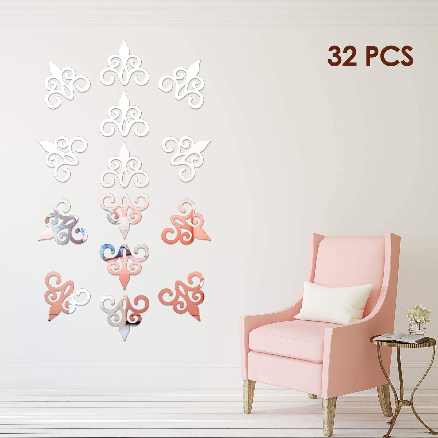 32 Pcs 5x5 Inch Silver Acrylic Mirror Wall Stickers - Self-Adhesive Removable Mirror Decals for Home Decor, Living Room, Bedroom, Ceiling & Bathroom - Hollow Design for Creative Wall Art & Interior Design