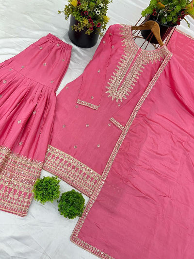 Stylish Watermelon Pink Chinon Silk Palazzo Suit Set for Women - Elegant Office Wear & Professional Work Outfits