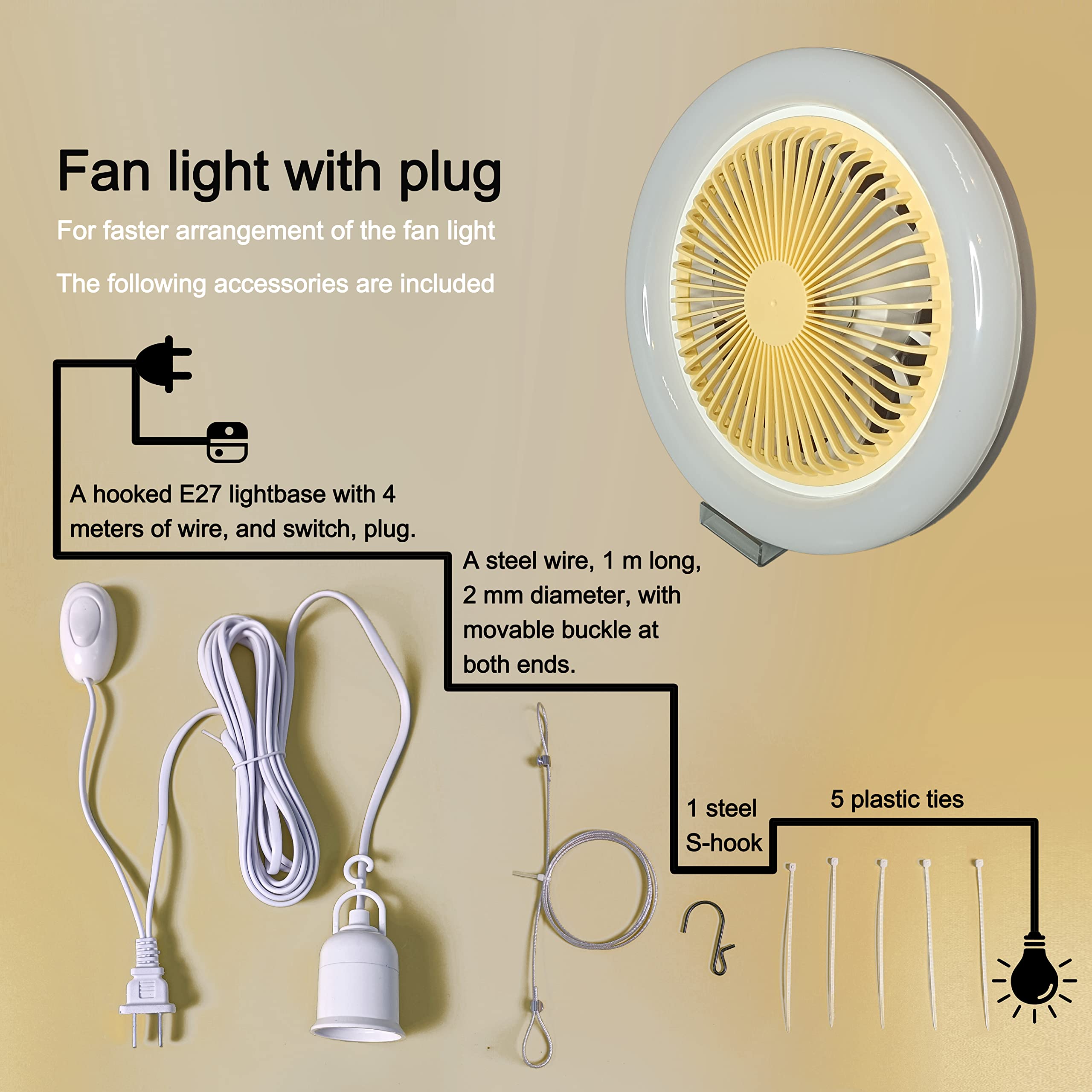 10 Inch E27 Fan Light with High Brightness & Breeze - Plug-in Ceiling Fan with Cable for Desk, Tent, Garage, Storage & Dressing Rooms - Perfect for Small Spaces & Home Cooling Solutions