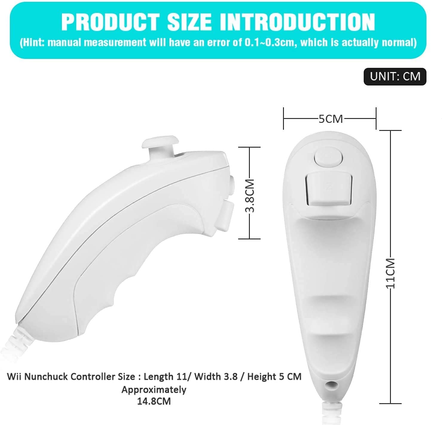 2-Pack White Wii Nunchuck Controller - Replacement for Nintendo Wii Gaming Accessories - Perfect for Multiplayer & Fitness Games