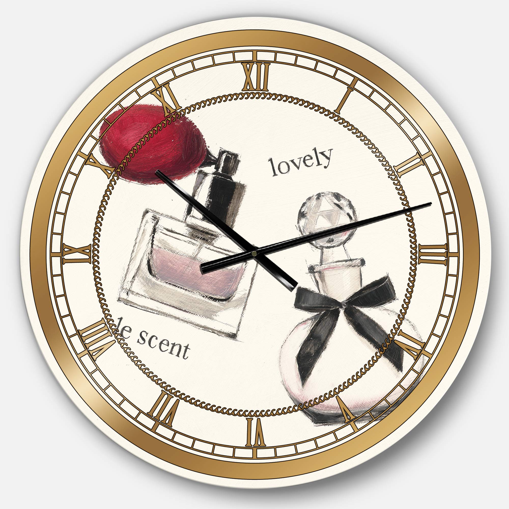 Designart Glamorous Parfum Wall Art Decor - Elegant Round Metal Wall Clock for Home, Living Room, Bedroom & Office | Perfect for Vintage Decor & Luxury Interior Design