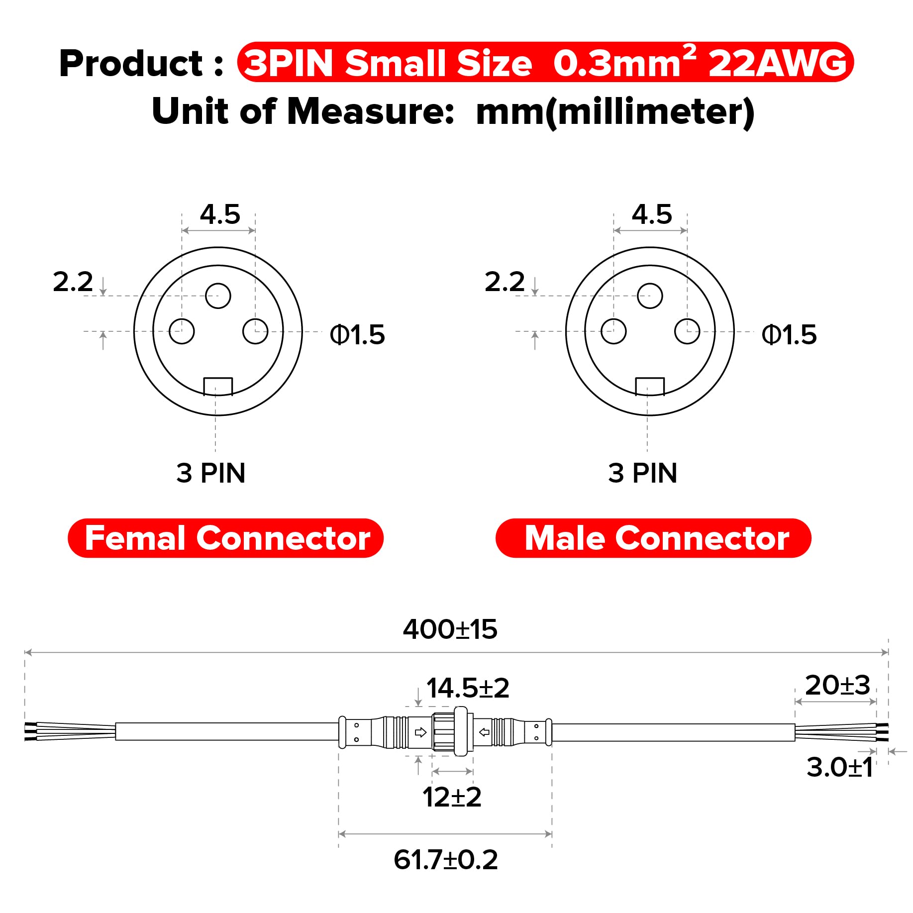 3 Pin IP65 Waterproof Electrical Connector 22AWG - Male & Female 7.87in/20cm Extension Cable for LED Strip Lights - Perfect for Cars, Trucks, Boats, RV, Indoor & Outdoor Lighting - 15mm Nut Small Size (3 Pairs)
