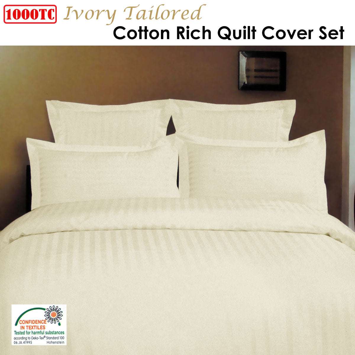 1000TC Luxury Self-Striped Tailored Quilt Cover Set - King Size Ivory - Soft Bedding for Master Bedroom & Guest Room - Breathable Cotton Quilt Cover for All Seasons