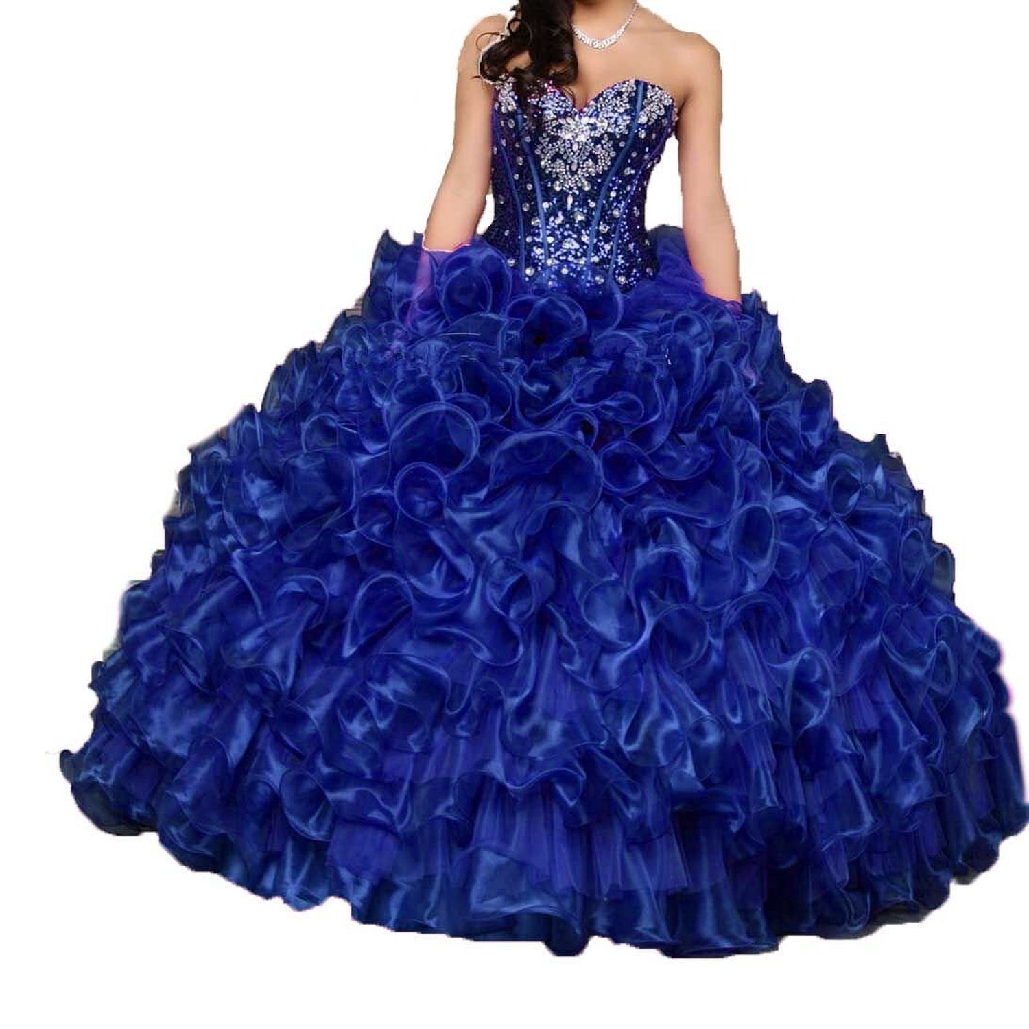 ANGELA Women's Sweetheart Neckline Crystal Embellished Ruffles Ball Gown Long Quinceañera Dress for Prom, Wedding, Pageant & Formal Events
