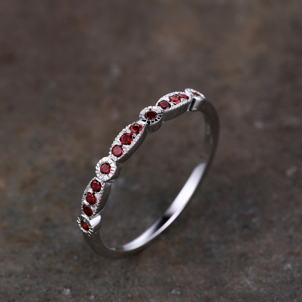 White Gold Garnet Wedding Band - Half Eternity Stackable Ring for Women | Perfect for Bridal Sets, Anniversary Gifts & Everyday Elegant Jewelry