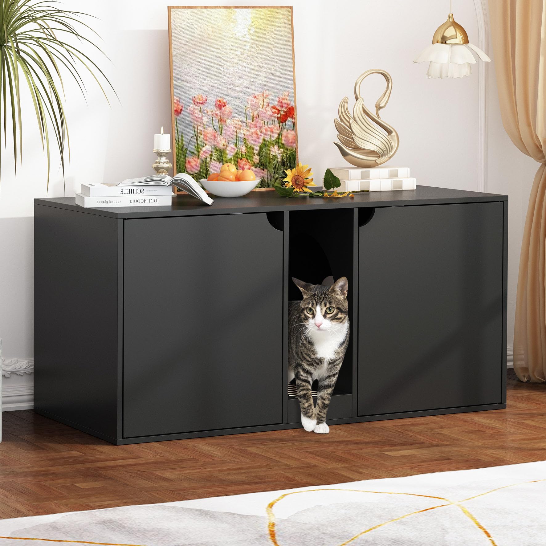 Modern Wooden Cat Litter Box Enclosure for 2 Cats - Stackable Large Cat Washroom Storage Cabinet with Removable Litter Box, Multi-Functional Bench & End Table Furniture (Black) - Perfect for Small Spaces & Living Room Décor