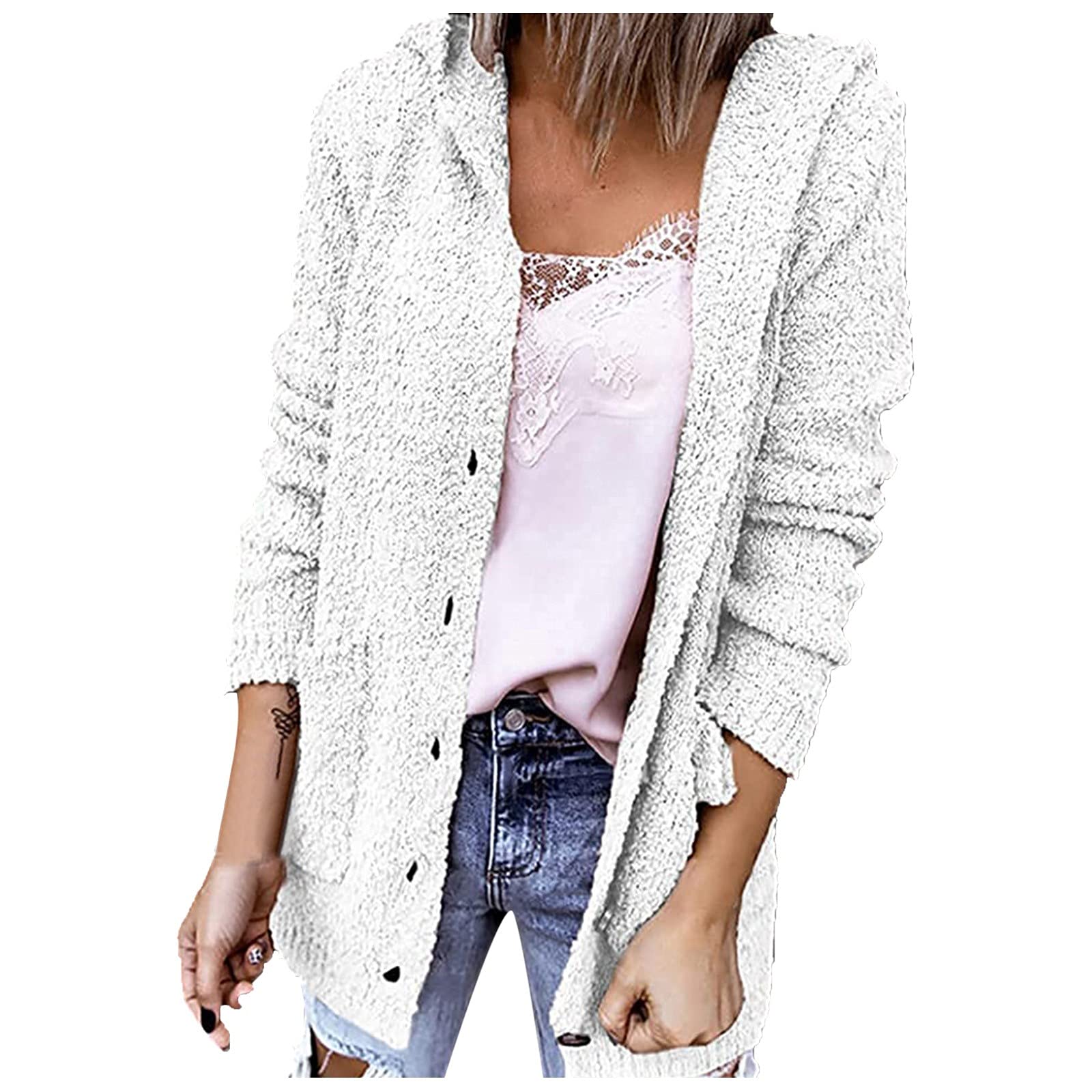 Women's Soft Plush Long Sleeve Hooded Cardigan with Button Front & Pockets - Cozy Cable Knit Sweater for Fall & Winter - Perfect for Office, Lounge & Outdoor Activities