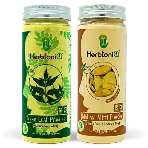 HerbtoniQ 100% Natural Neem Leaf Powder & Multani Mitti (Indian Healing Clay) - 300g Organic Face Mask & Hair Treatment for Acne, Glowing Skin & Dandruff Relief | DIY Beauty & Ayurvedic Care
