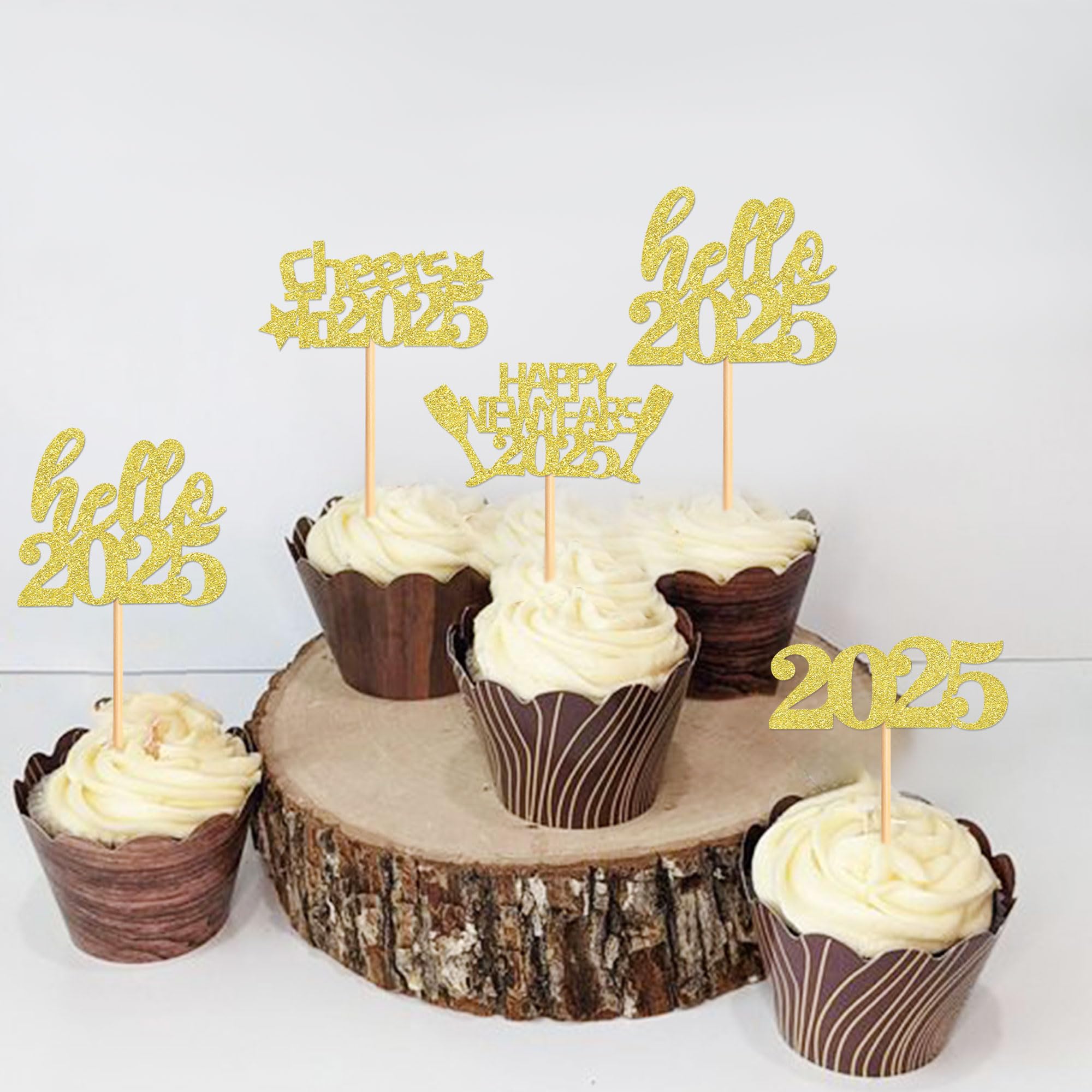 40 Pcs Gold Glitter New Year Cupcake Toppers 2025 - Cheers to 2025 Cake Picks for New Year's Eve Party Decorations - Perfect for Birthday, Wedding & Holiday Celebrations