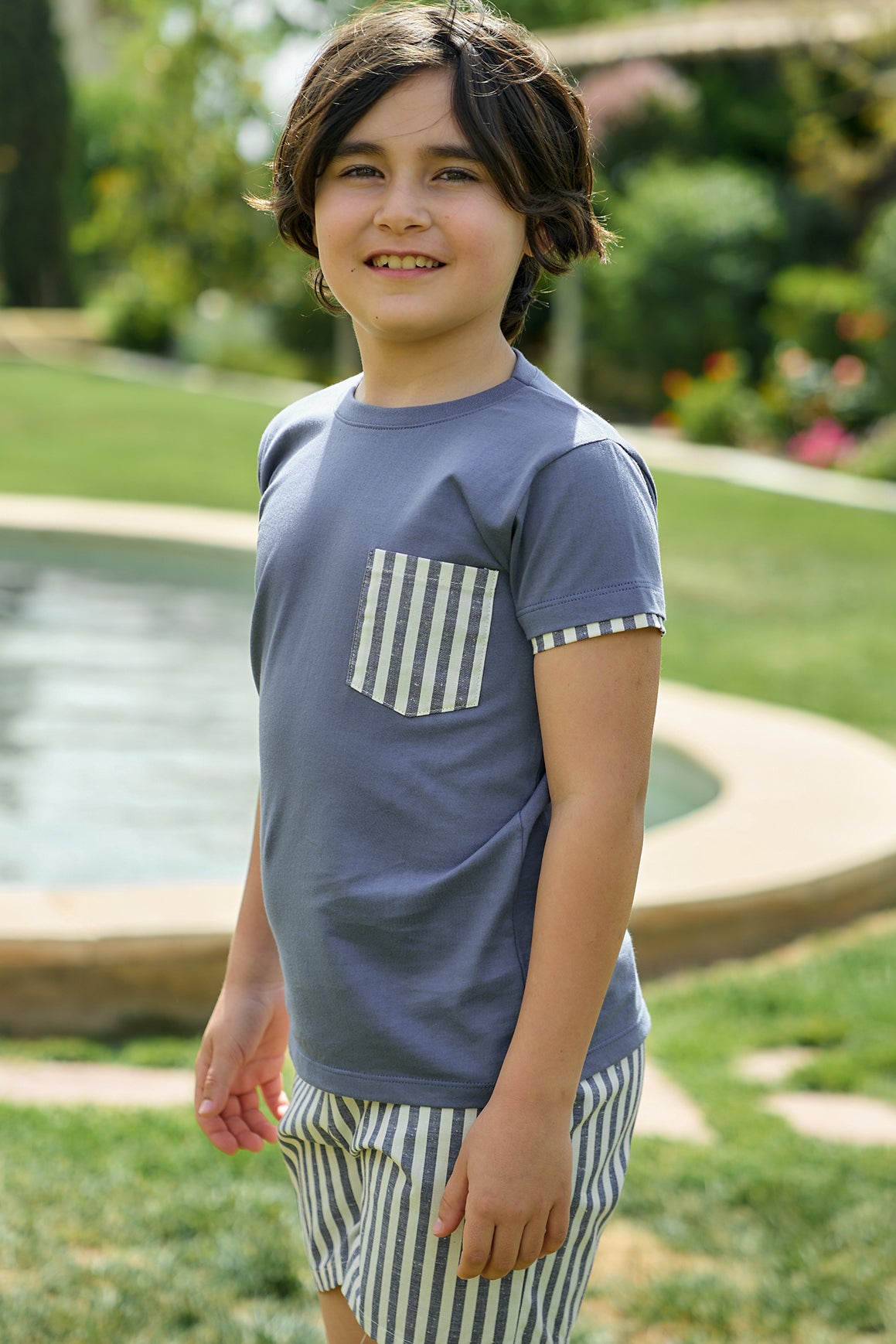 Finnian Dusky Blue Striped T-Shirt & Shorts Set - Casual Summer Outfit for Men | Perfect for Beach, Vacation, and Everyday Wear