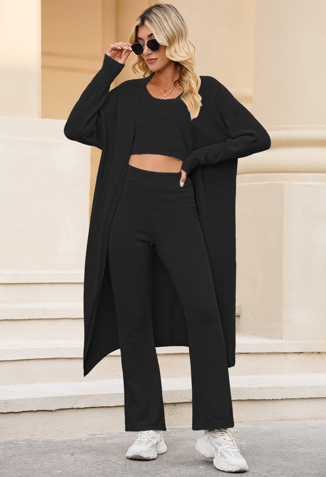 Women's Soft Fuzzy 3-Piece Lounge Set - Open Front Cardigan, Crop Tank Top & Wide Leg Pants | Cozy Loungewear for Home, Yoga & Casual Outings