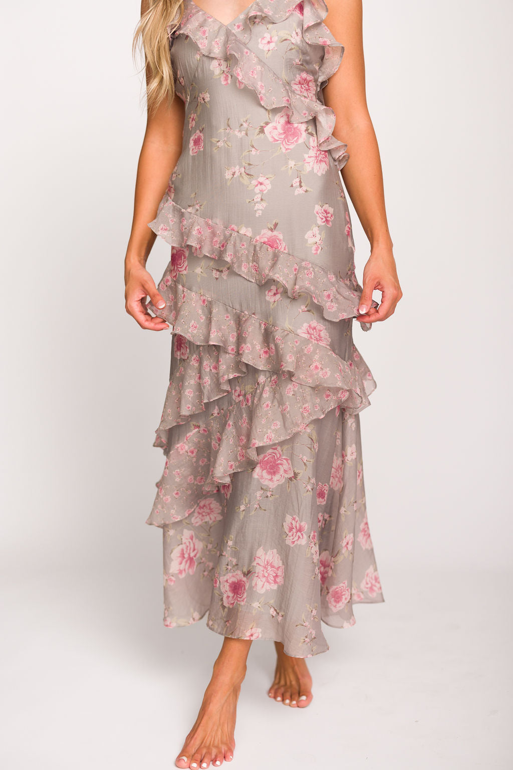 Amelia Ruffle Maxi Dress - Grey & Pink Floral Print Summer Beach Dress for Women | Boho Chic Wedding Guest Outfit & Vacation Dress
