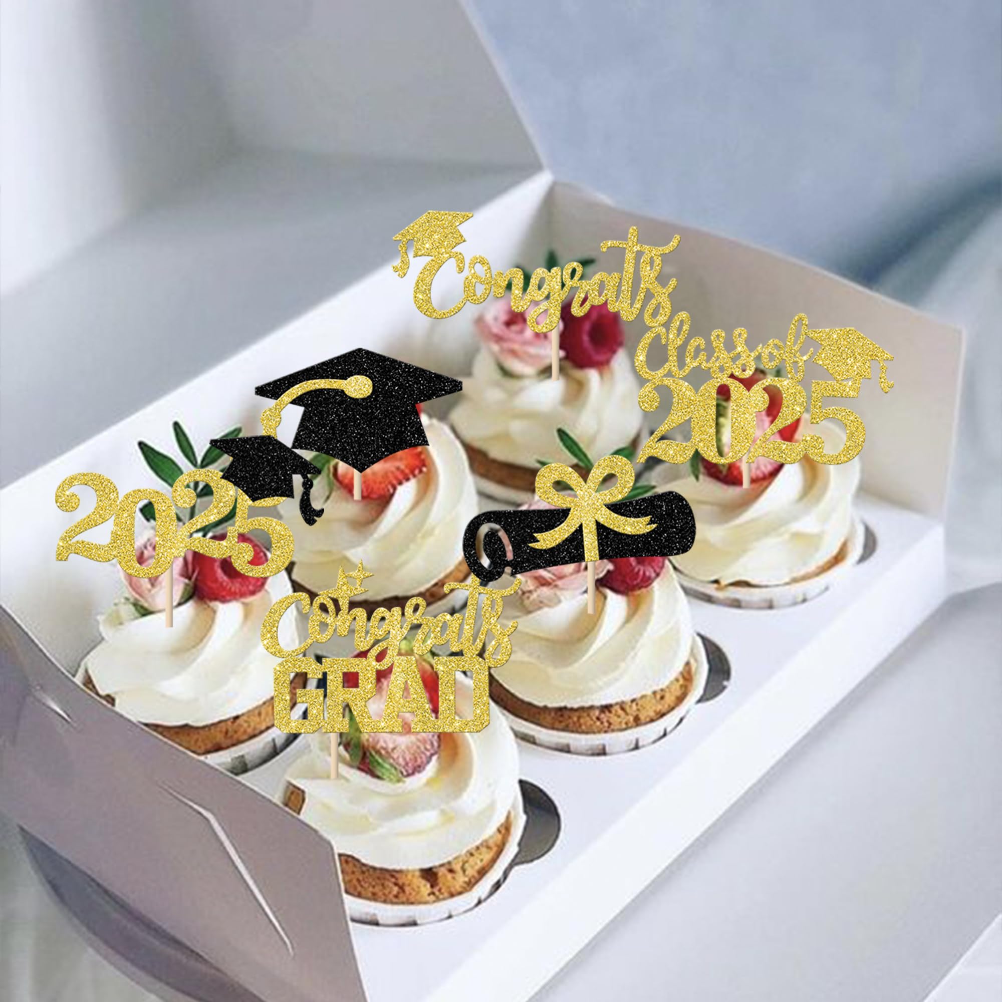 24 Pack 2025 Graduation Cupcake Toppers - Gold Glitter Congrats Grad Class of 2025 Cap & Diploma Cake Decorations - Perfect for Graduation Parties, School Celebrations & Dessert Table Decor