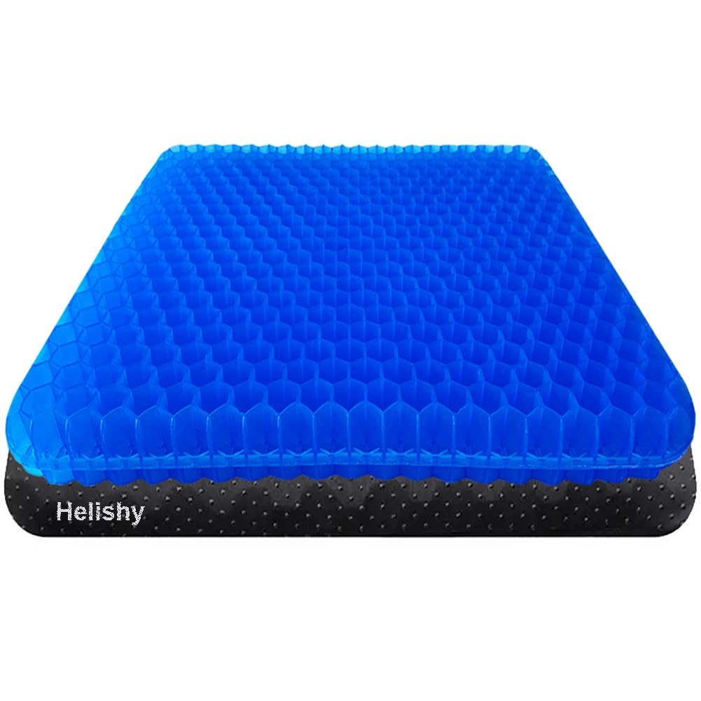 Gel Seat Cushion for Office Chair & Car - Double Thick Honeycomb Design with Non-Slip Cover - Pressure Relief & Breathable Comfort for Home, Wheelchair & Long Sitting (Blue) - Perfect for Work, Driving & Pain Relief