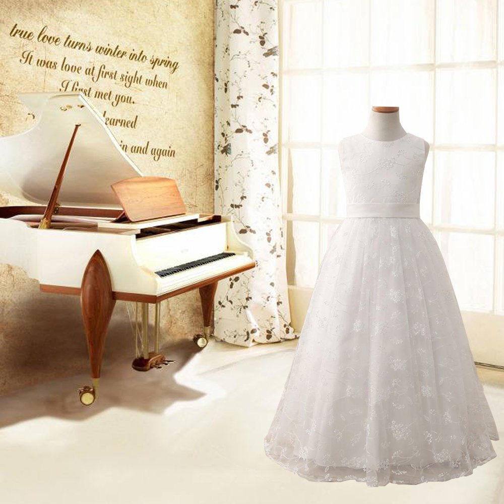 Elegant Lace Flower Girl Dress with Belt - A-Line Pageant & Wedding Gown for Girls Ages 2-12 | Perfect for Weddings, Pageants, and Special Occasions