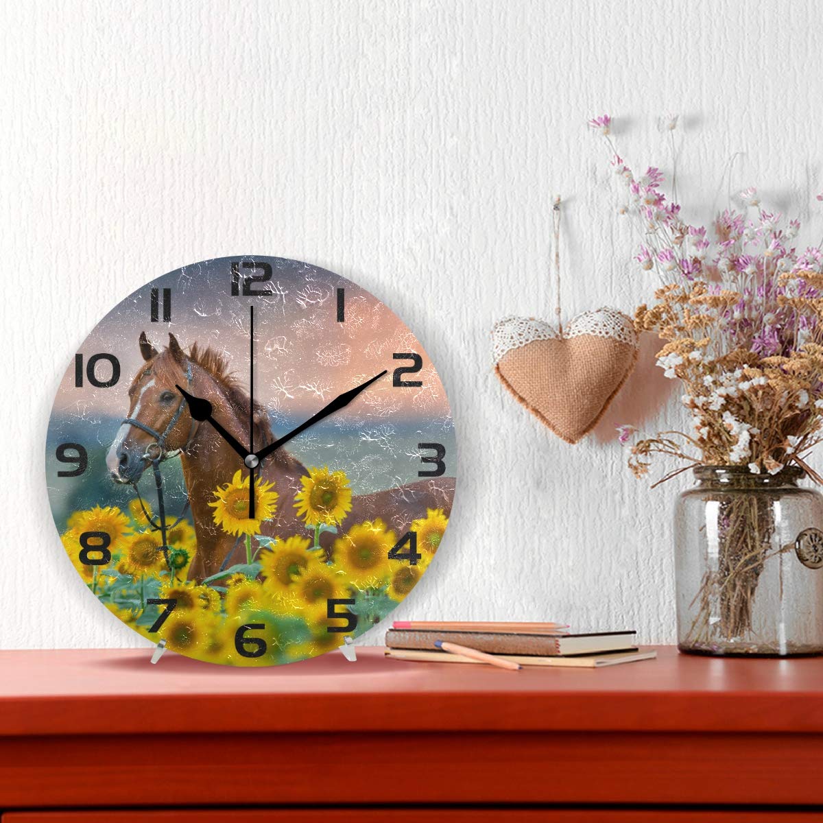 Elegant Horse & Sunflower Wall Clock - Silent Non-Ticking Decor for Home, Office, Bedroom & Living Room | Perfect Farmhouse & Rustic Interior Design Accent