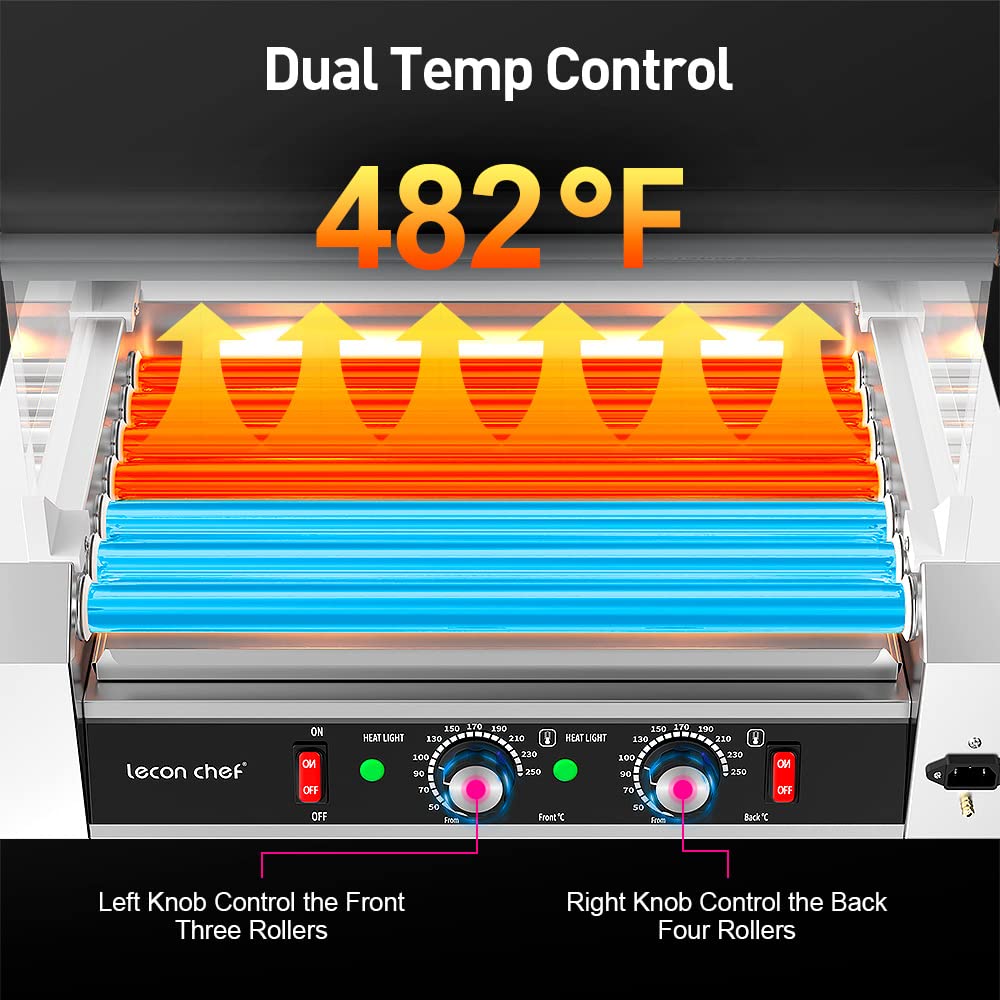 Leconchef Commercial Electric Hot Dog Roller Machine - 7 Roller Stainless Steel Grill with Dual Temperature Control, Detachable Glass Cover & LED Display - Perfect for Restaurants, Food Trucks, and Convenience Stores