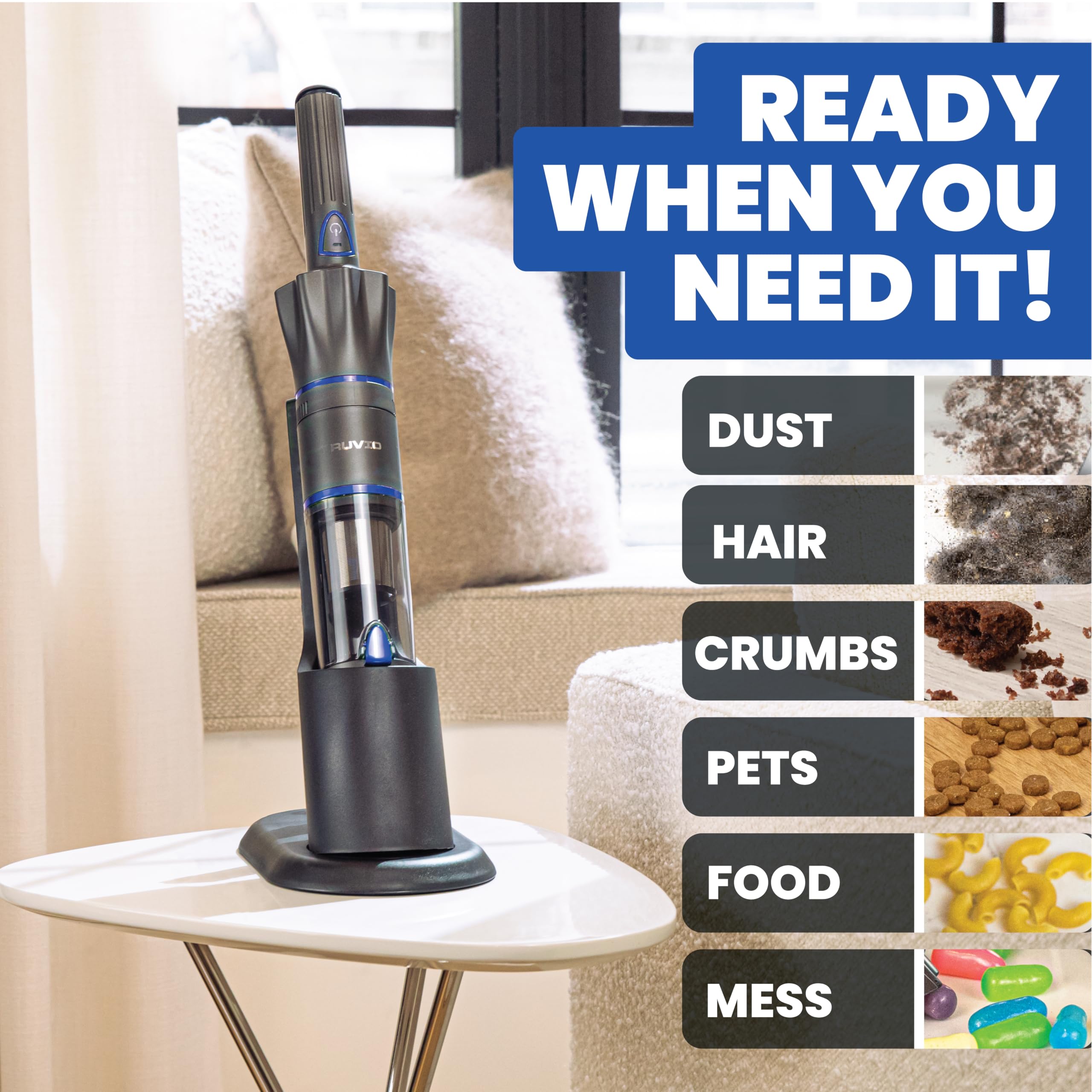 Ruvio PRO Cordless Handheld Vacuum Cleaner - Powerful Portable Vacuum for Home, Car, Pet Hair & Hardwood Floors - 2X HEPA Filtration System - Ideal for Quick Cleanups, Car Detailing & Pet Hair Removal (As Seen on TV)