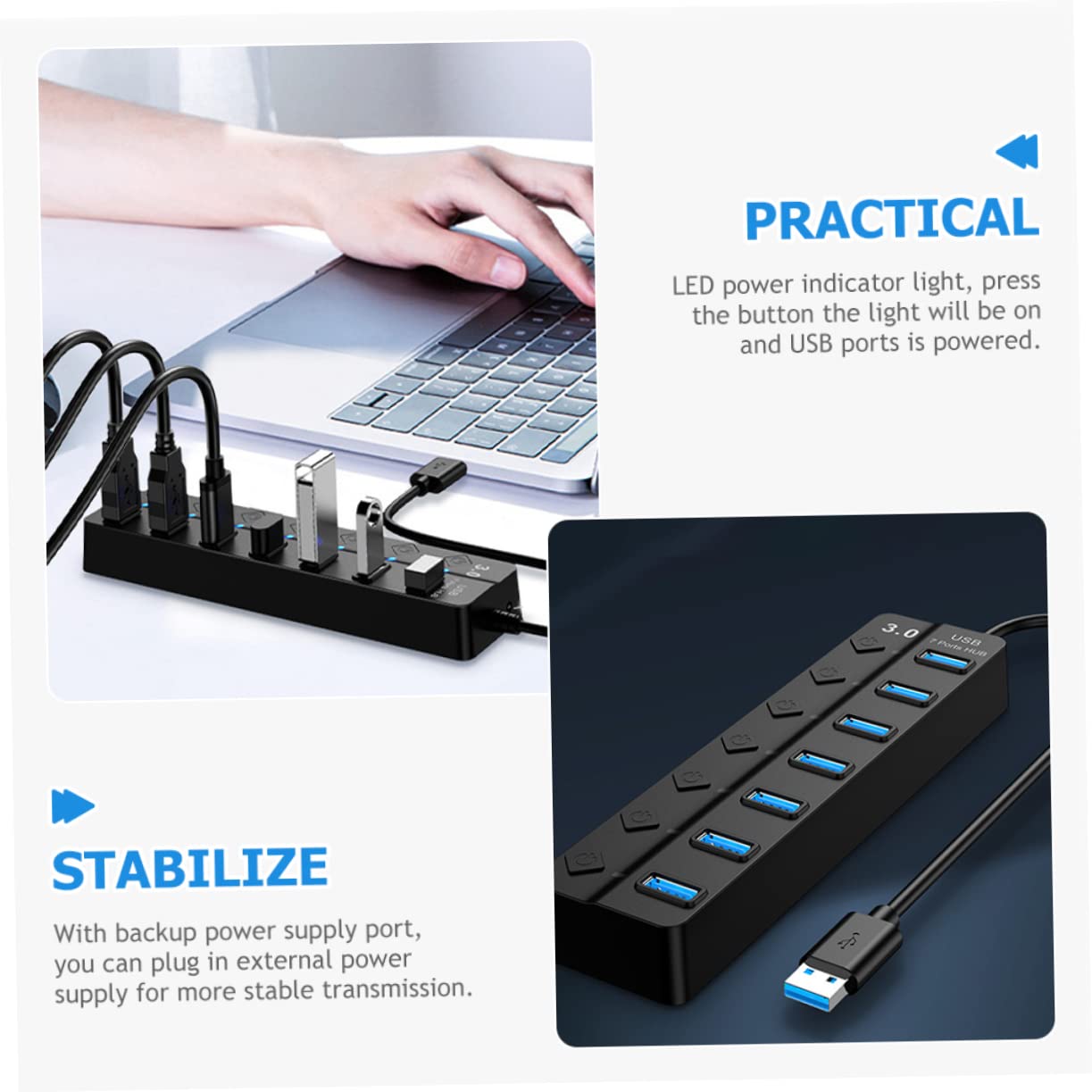 Jojofuny 3-Port USB Hub for Laptop - Multi USB Port Expander, Splitter & Adapter for PC, Mac & More - Perfect for Home Office, Gaming & Travel Accessories