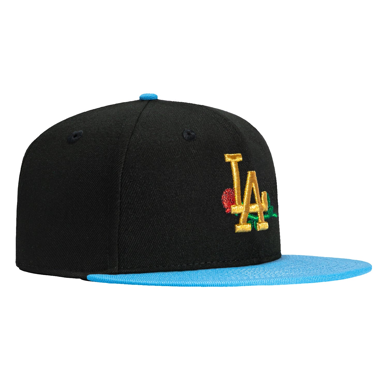 New Era 59Fifty Los Angeles Dodgers Rose Embroidered Baseball Cap - Black, Light Blue & Metallic Gold - Adjustable Snapback Hat for Men & Women - Perfect for Baseball Games, Streetwear & Sports Fan Gifts