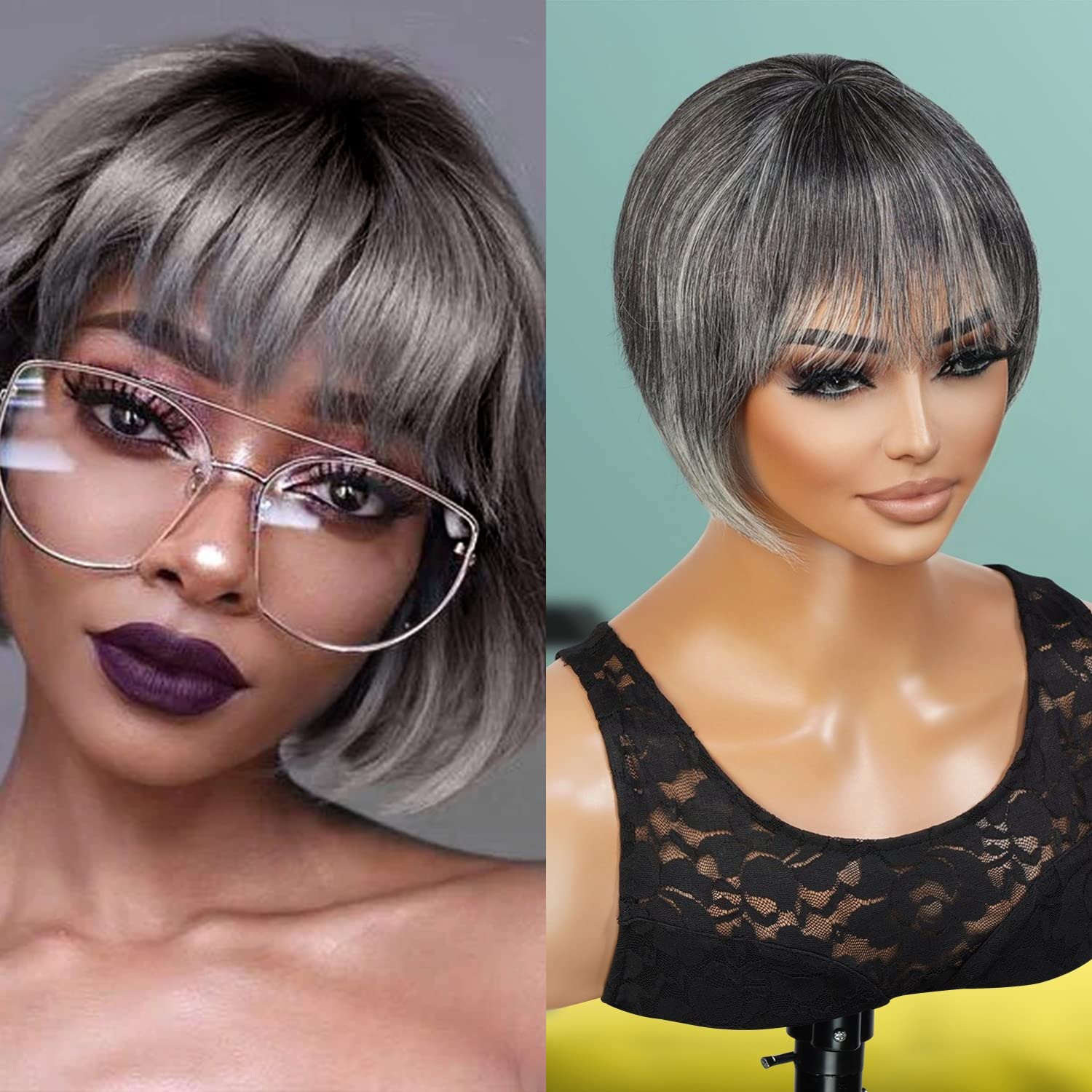 Instant Fab Short Human Hair Wigs - Pixie Cut with Bangs for Black Women | Tourmaline (TL34/51) | Layered Non-Lace Front Wig for Everyday Wear & Special Occasions