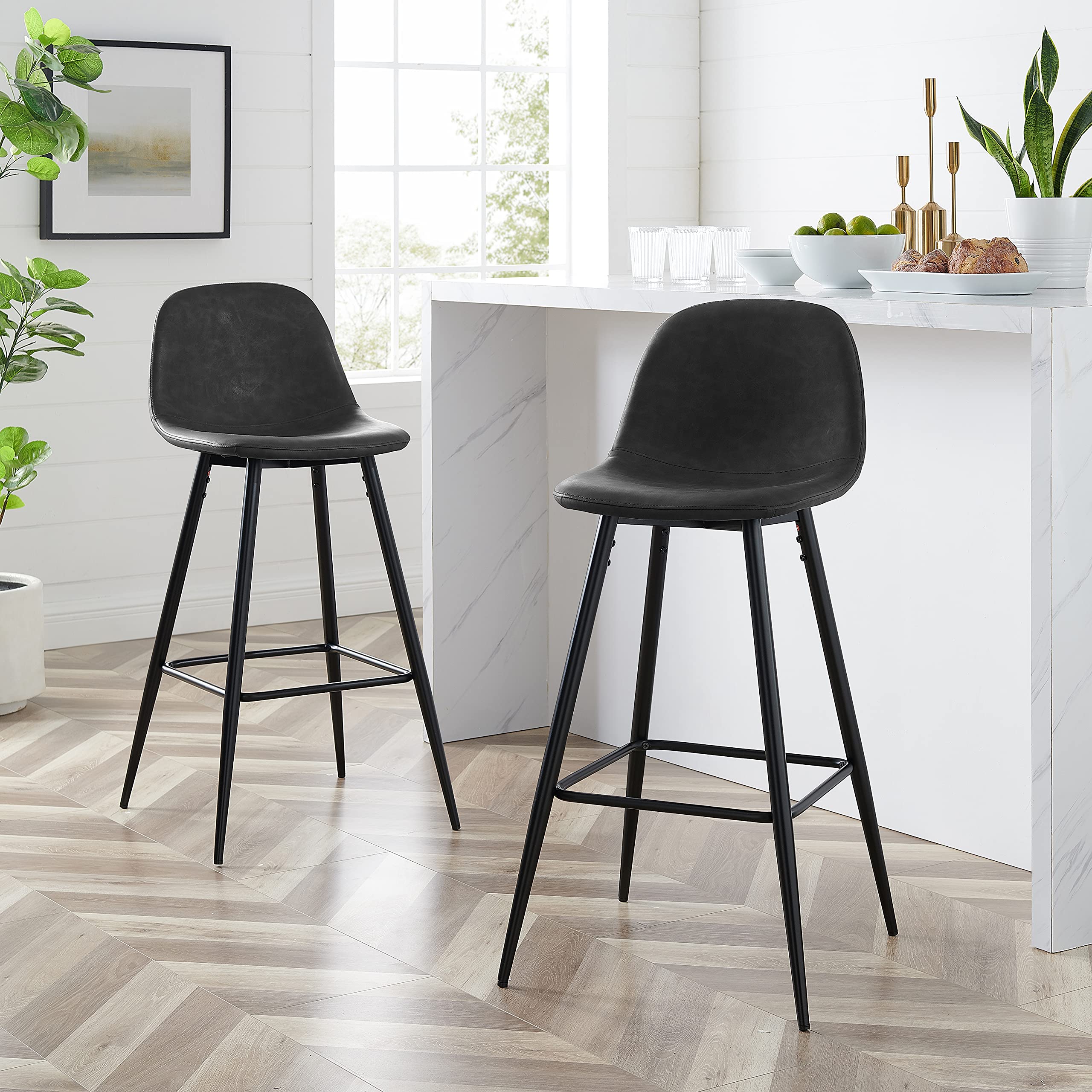 Crosley Furniture Weston Upholstered Bar Stools Set of 2 - Distressed Black & Matte Black Counter Height Stools for Kitchen Island, Breakfast Bar & Home Decor