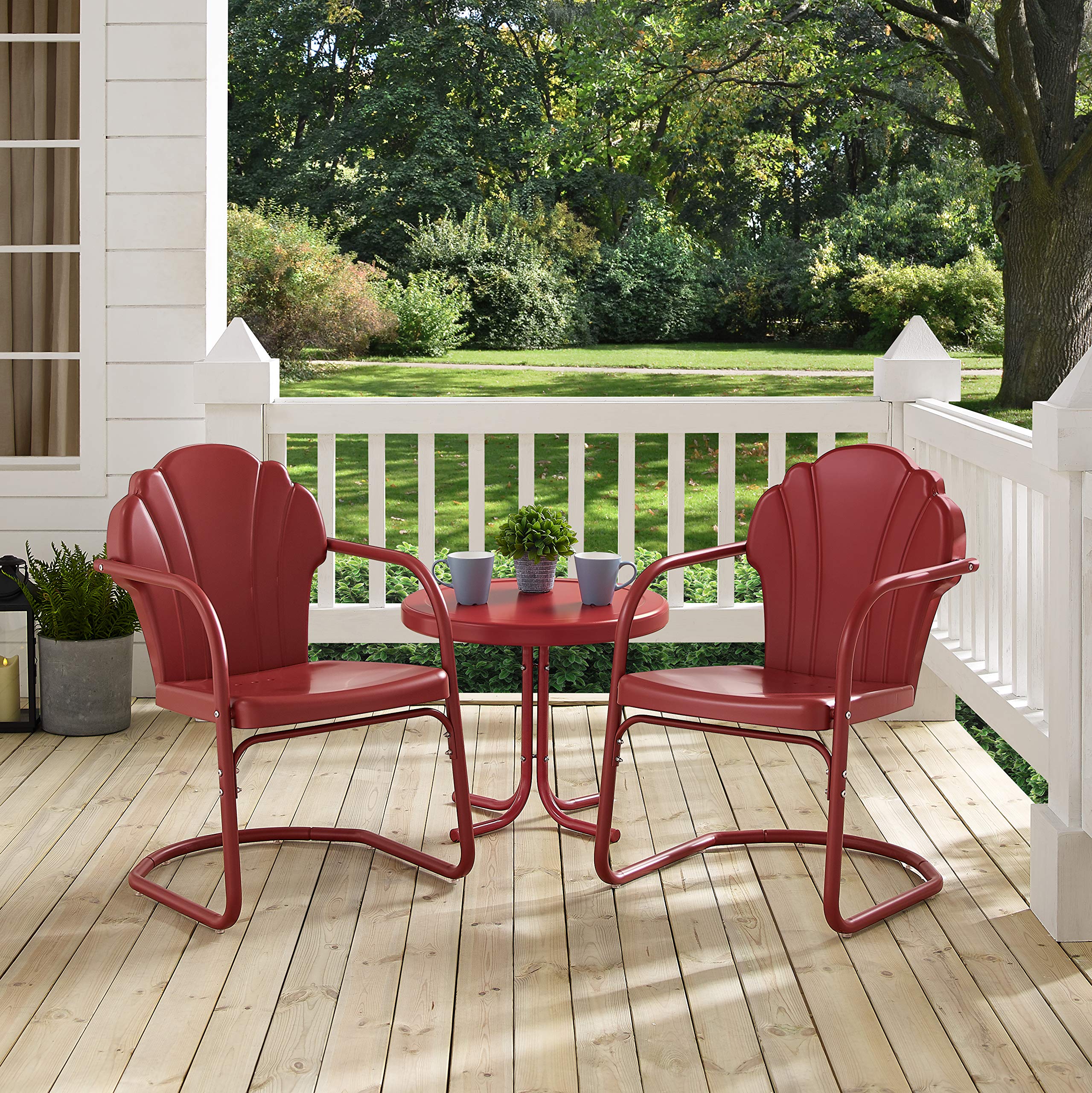 **Crosley Furniture Tulip 3-Piece Outdoor Chair and Side Table Set - Retro Metal Patio Conversation Set in Red - Perfect for Garden, Backyard, and Poolside Relaxation**