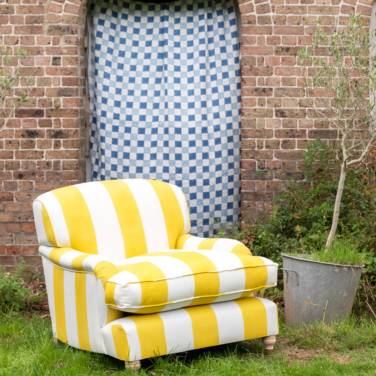 Wide Stripe Block Printed Linen Fabric in Yellow - Perfect for DIY Home Decor, Upholstery & Fashion Sewing Projects