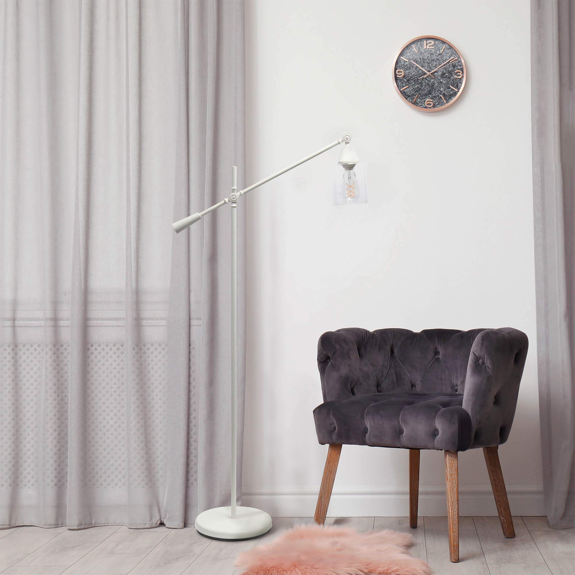 Modern Swing Arm Floor Lamp with Clear Glass Cylindrical Shade - Adjustable Reading Light for Living Room, Bedroom & Office - White Contemporary Lighting Fixture