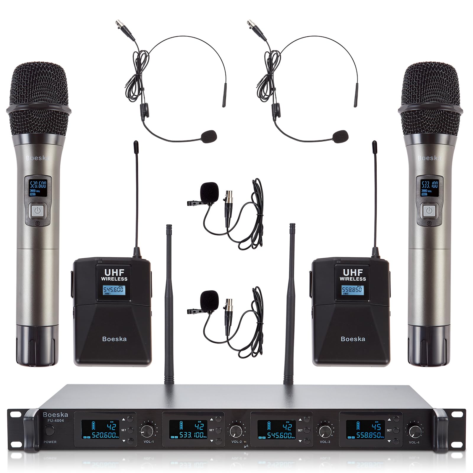 4 Channel UHF Wireless Microphone System - 2 Handheld Mics & 2 Lavalier Headset Mics with 4x25 Adjustable Frequencies for Karaoke, Church, Conference, Meeting, Party - Perfect for Live Performances, Public Speaking & Events