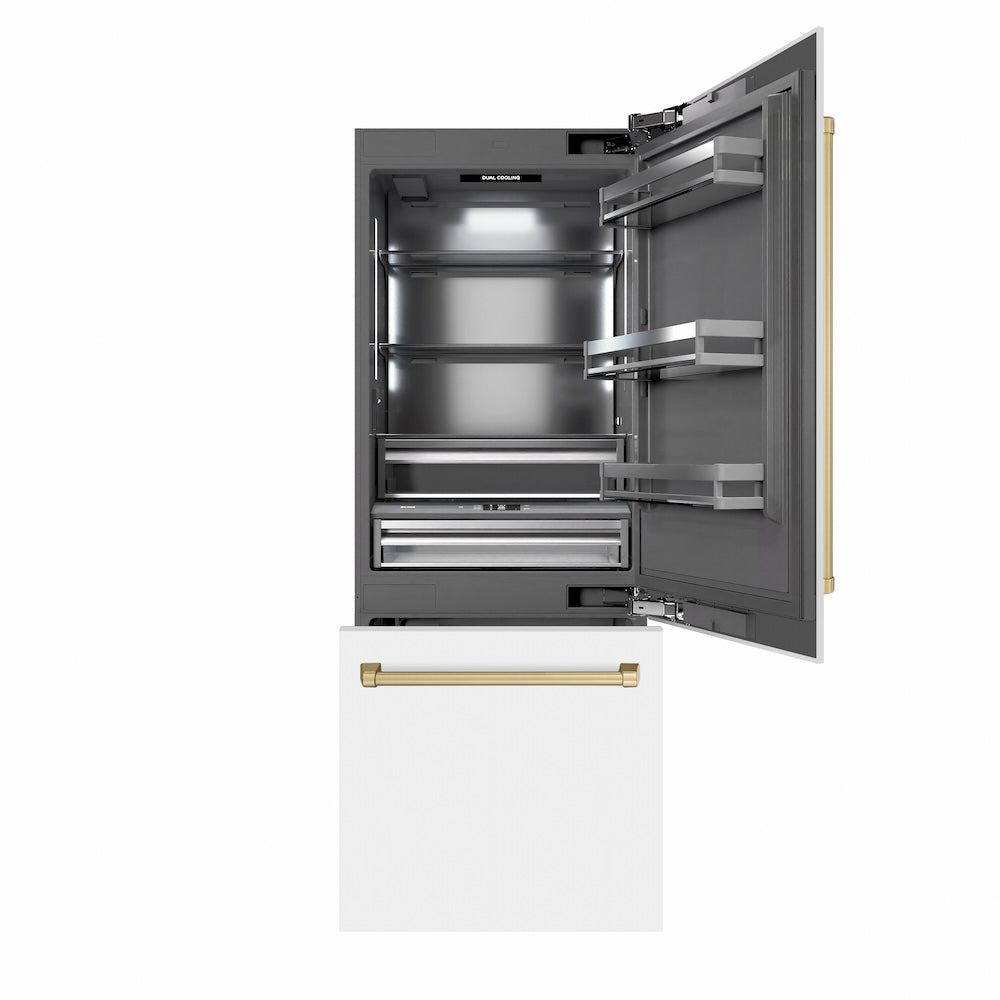 ZLINE Autograph Edition 30-Inch Built-In Bottom Freezer Refrigerator - 16.1 cu.ft Capacity, Water Dispenser & Ice Maker - White Matte Exterior with Graphite Gray Interior & Champagne Bronze Accents (GRBIVZ WM 30 CB) - Perfect for Modern Kitchens, Open-Concept Homes & Luxury Appliances Collection