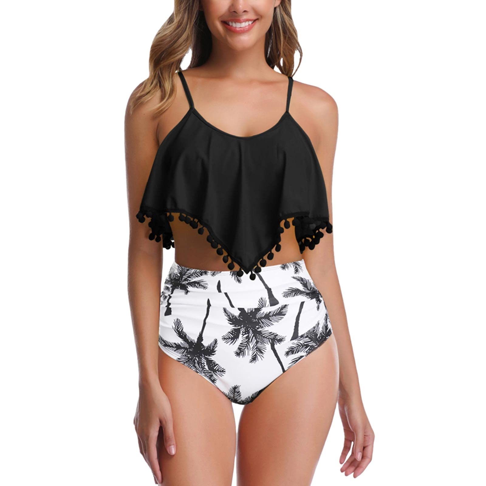 Kcocoo Women's Two Piece Tankini Swimsuits with Ruffled Tassels & Tummy Control - Stylish Bathing Suits with Shorts for Beach, Pool & Summer Vacations