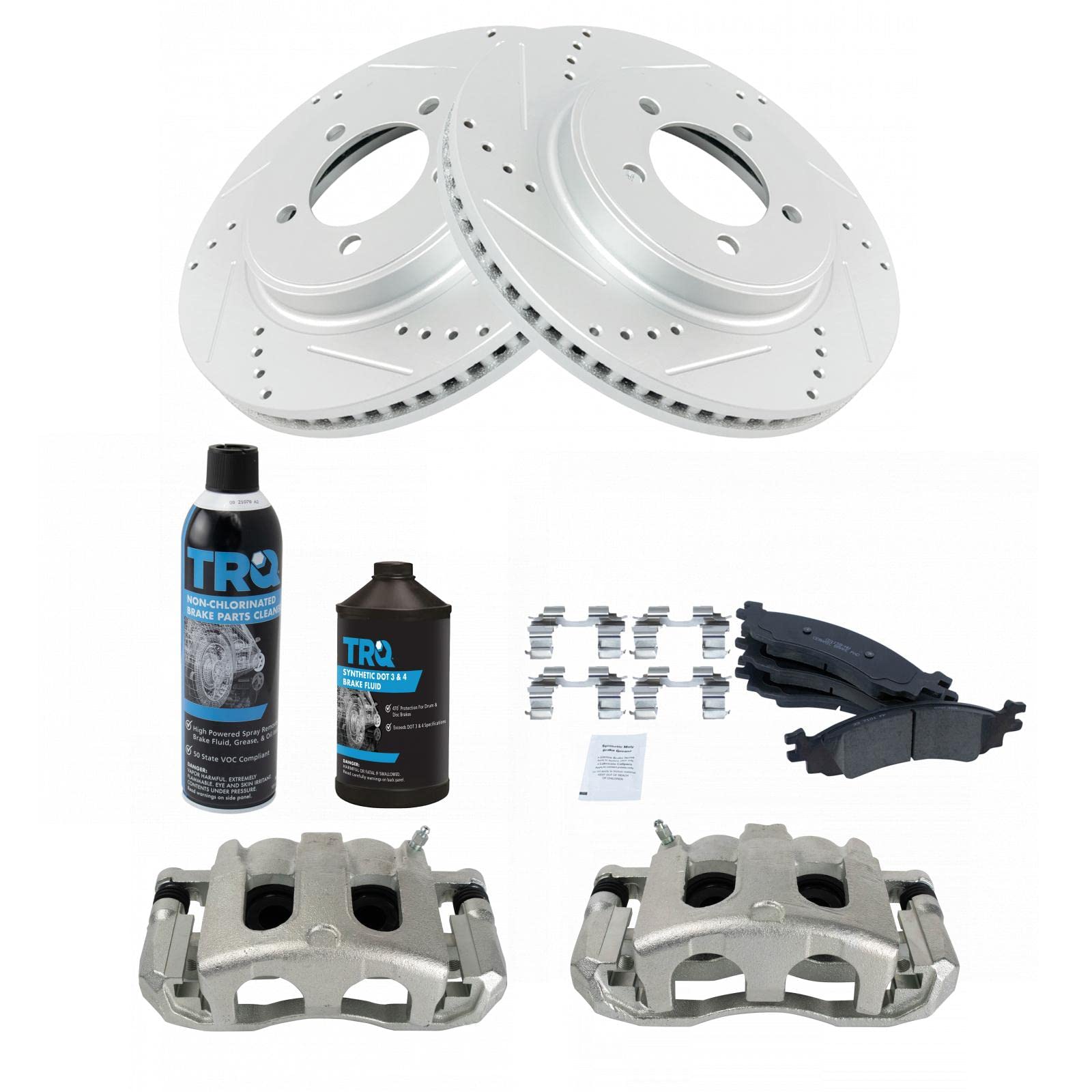 TRQ Front Ceramic Brake Pad Kit with Performance Rotor & Caliper - Compatible with Ford F150, F250, Mustang | High-Temperature Resistance, Low Noise | Perfect for Off-Roading, Towing & Daily Driving