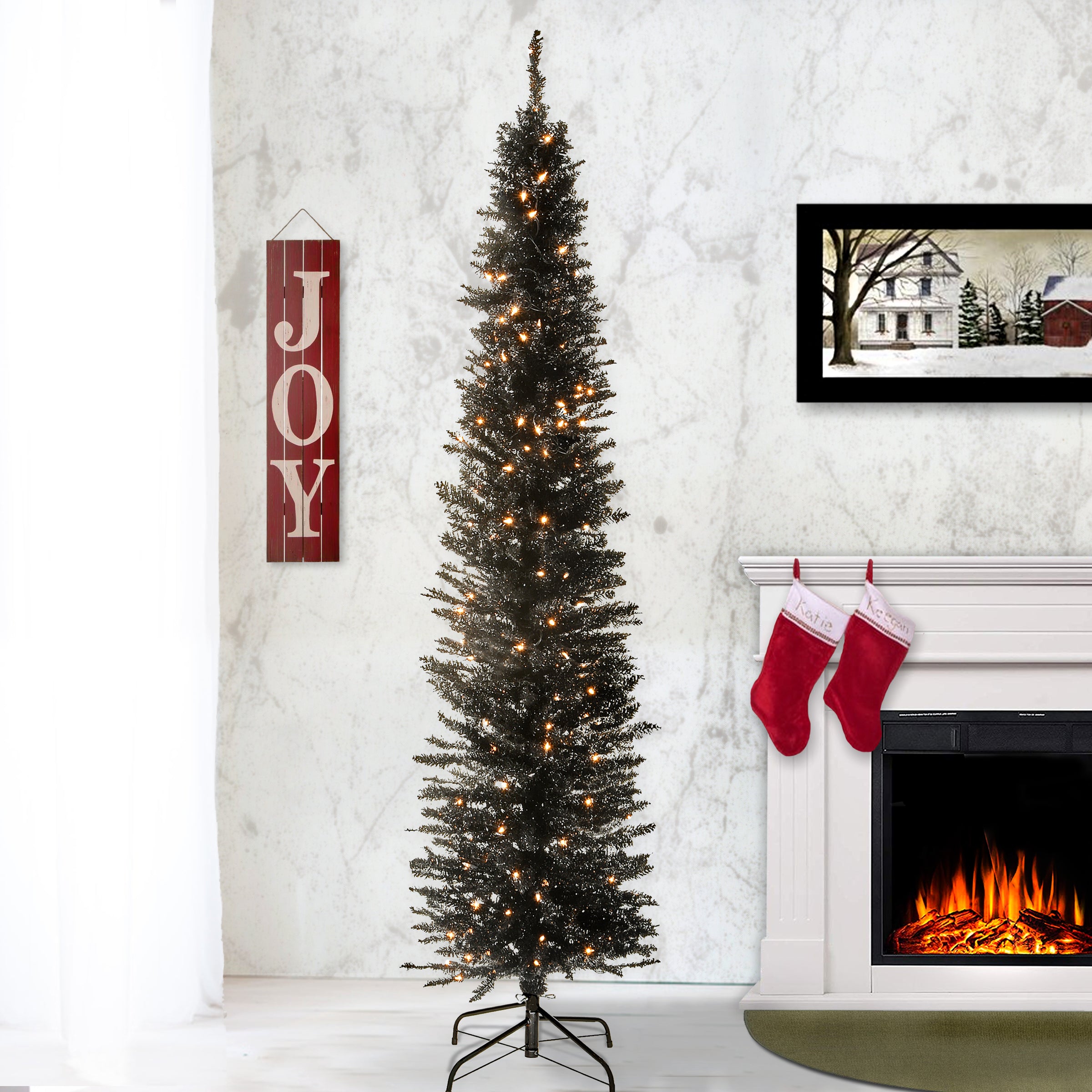 7 ft Pre-Lit Artificial Christmas Tree with Clear Lights - Black Tinsel Collection for Holiday Home Decor, Office, and Party Decoration