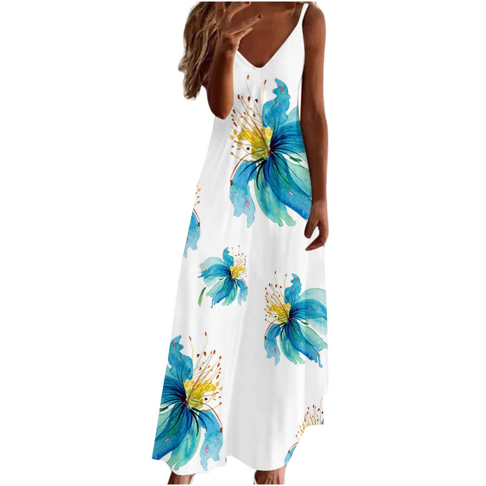 Anuyalue Women's Summer Maxi Dress 2022 - Casual Sleeveless Spaghetti Strap Boho Floral Beach Dress with Sexy V Neck | Perfect for Vacation, Pool Parties & Date Nights