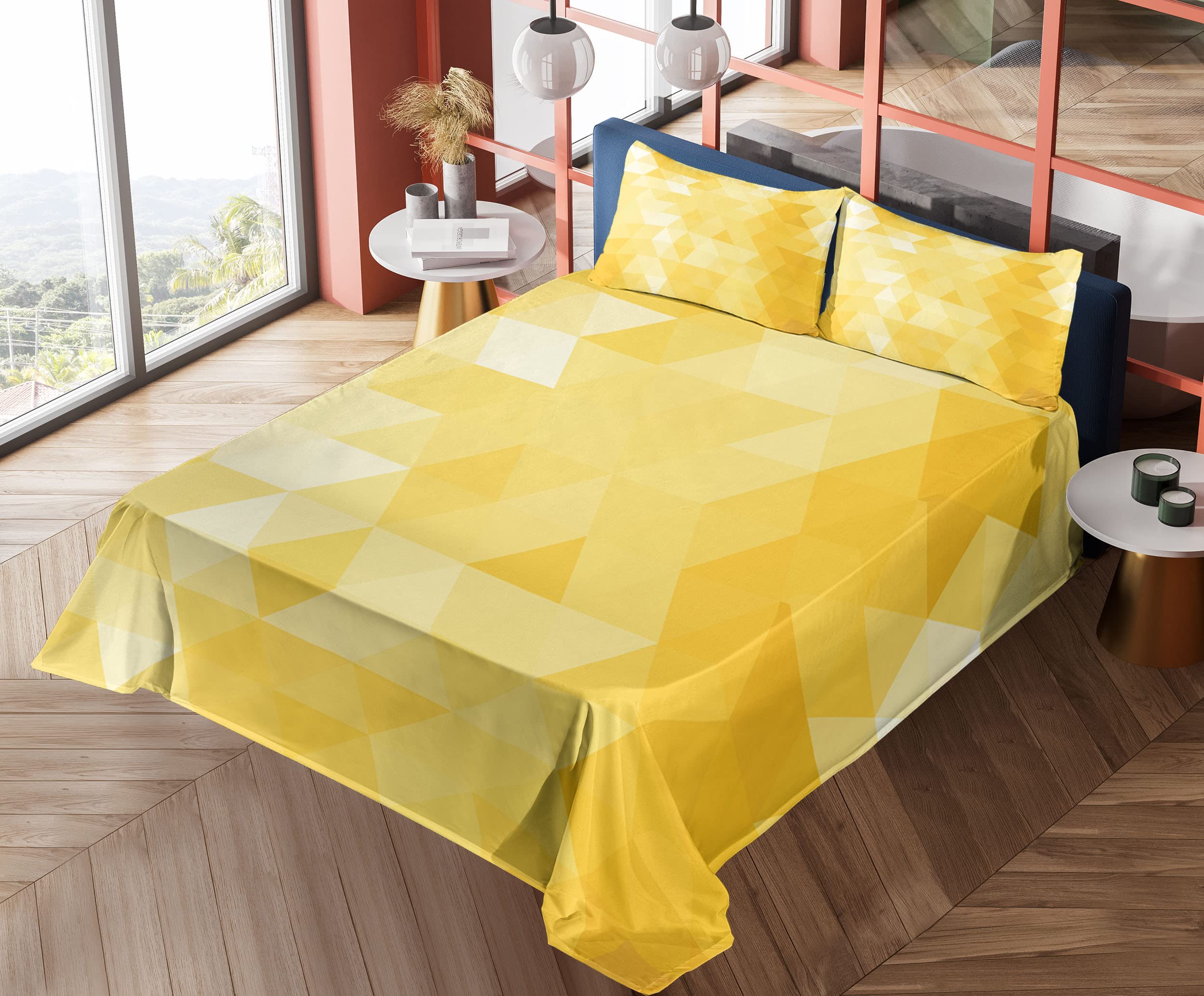 Ambesonne Yellow 4-Piece King Sheet Set - Abstract Triangle Geometric Pattern with Modern Mosaic Design, Fitted & Flat Sheets + Pillowcases | Soft Bedding for Modern Bedrooms, Guest Rooms & Dorm Decor
