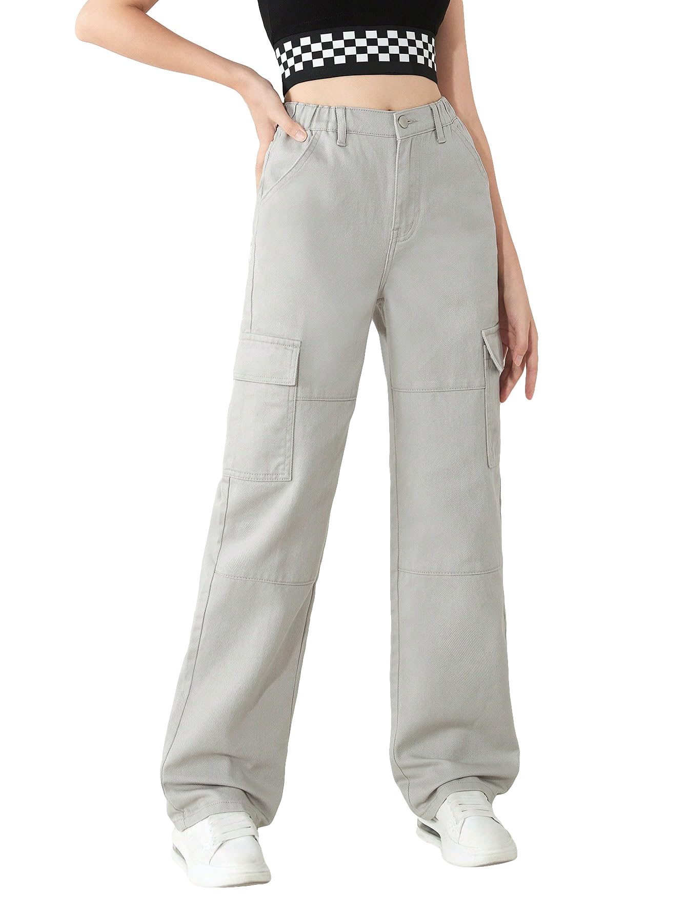 SHENHE Girls' Wide Leg Loose Fit Cargo Jeans - High Waisted Denim Pants with Pockets - Light Grey (12-13 Years) - Perfect for School, Casual Outfits & Outdoor Activities