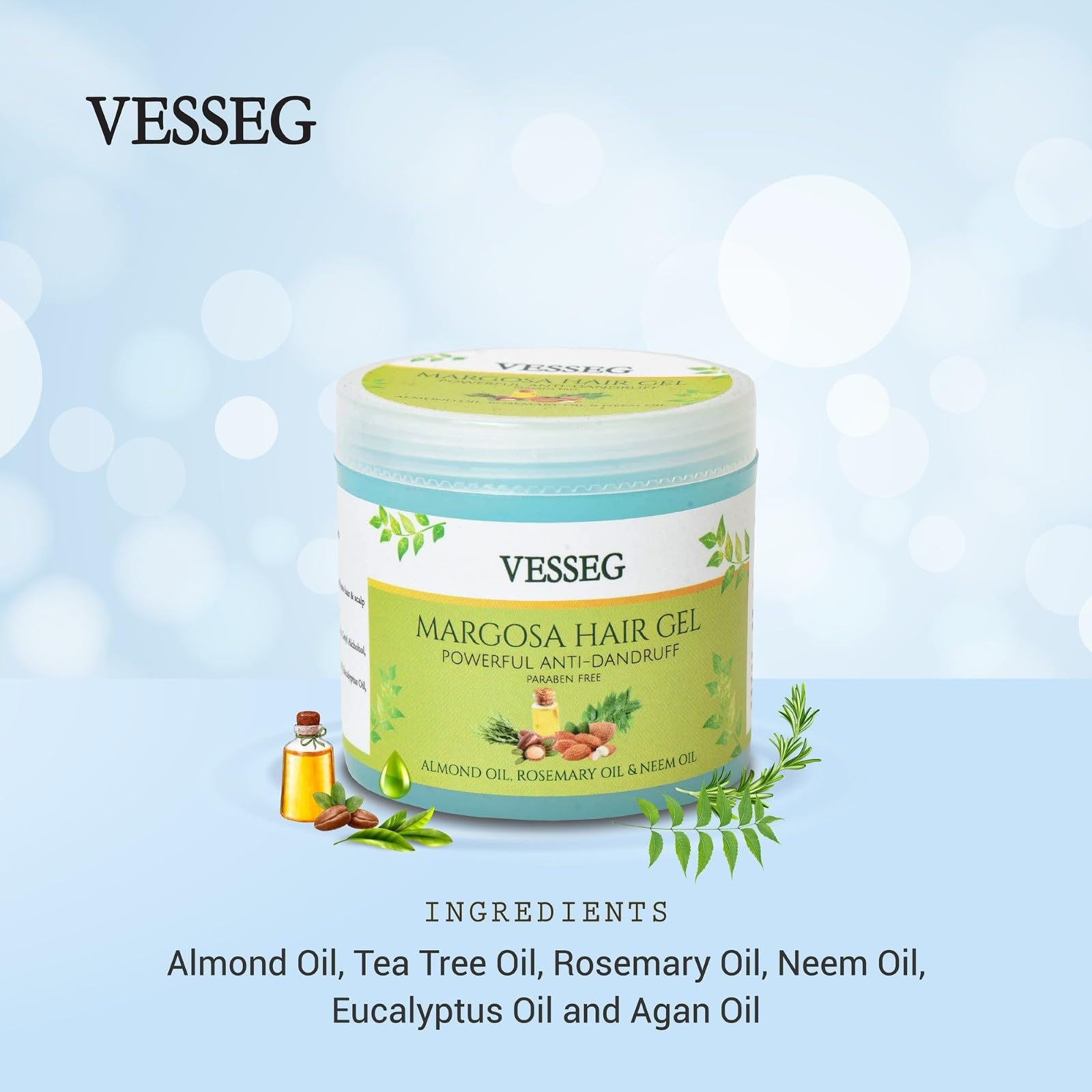 VESSEG Margosa Hair Gel - Anti Dandruff Styling Gel with Almond, Rosemary & Neem Oil | Paraben Free (100g) | Perfect for Daily Hair Care & Styling for Men & Women
