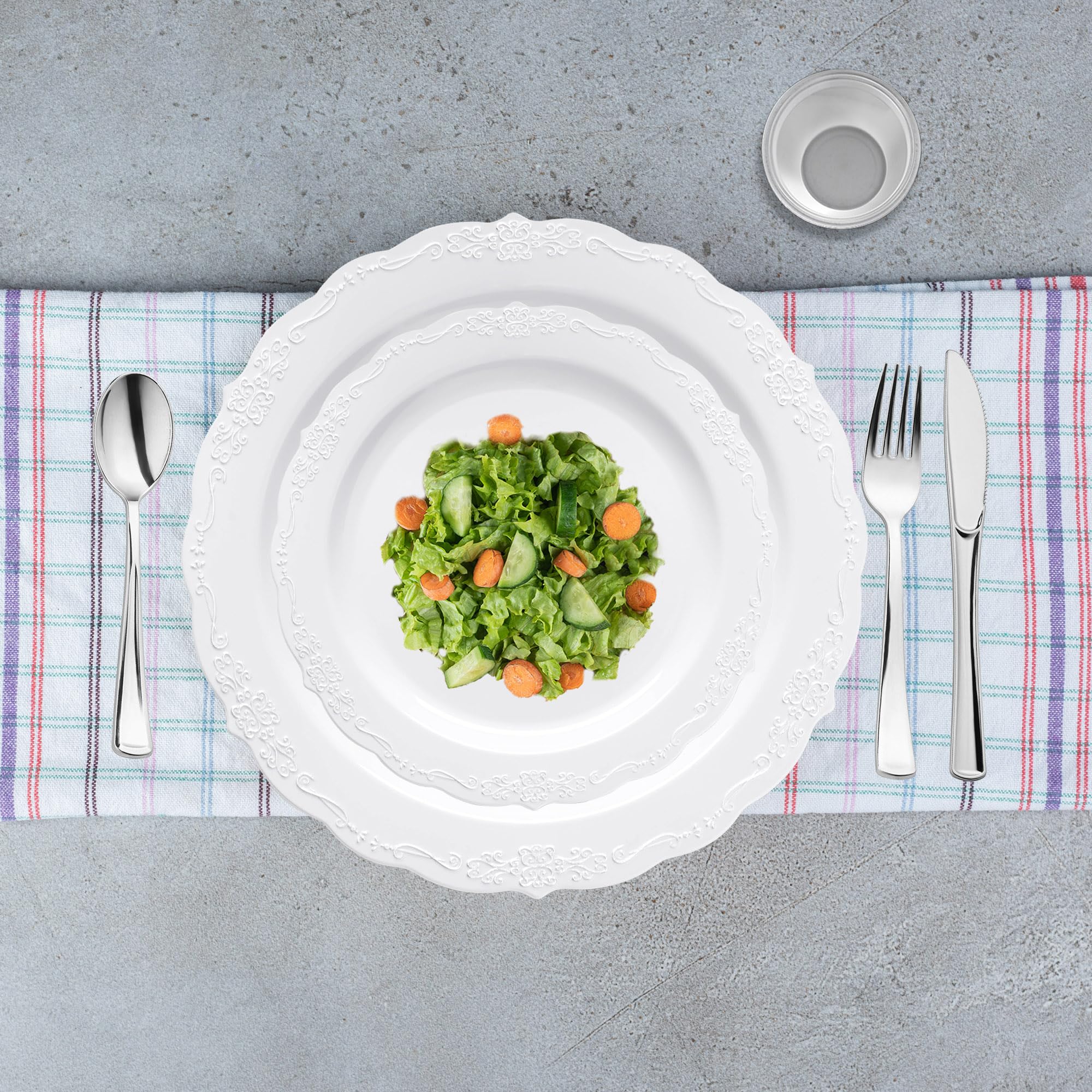 Elegant Plastic Plates Wedding Value Set for 120 Guests - White & Silver Disposable Dinnerware with Silverware & Clear Cups | Smarty Had A Party | Perfect for Weddings, Bridal Showers & Formal Events