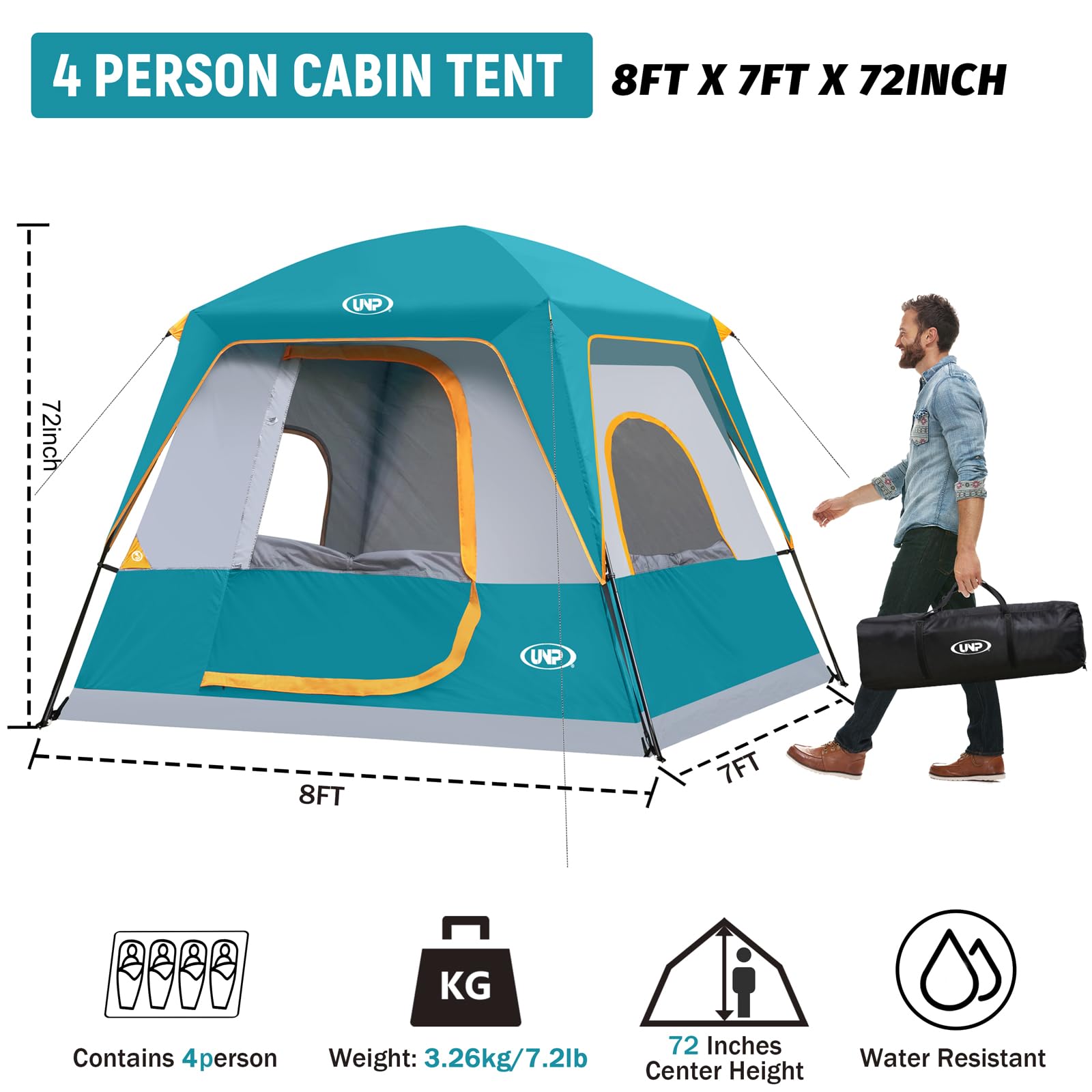 UNP 4-Person Camping Tent - Lightweight Portable Cabin Tent with Easy Setup & Waterproof Rainfly - Perfect for Family Camping, Hiking, and Outdoor Adventures