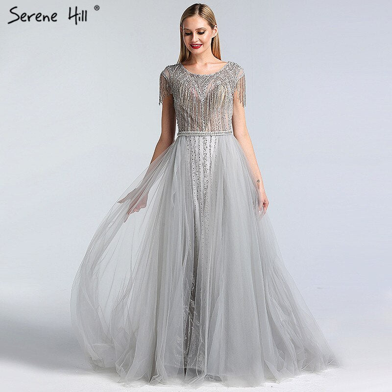 Serene Hill Grey Luxury Beaded Tassel Evening Gown with Train & Cap Sleeves - Elegant Women's Party Dress for Prom, Gala & Formal Events 2025 (LA60874)