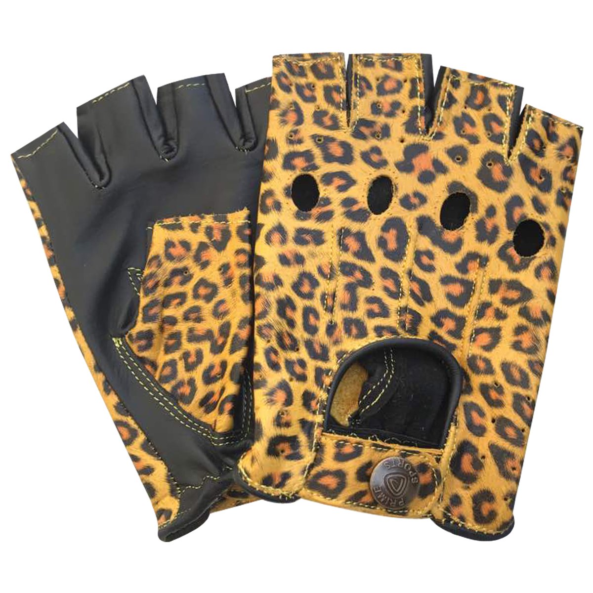 Prime Fingerless Driving Gloves - Soft Cow Napa Leather Weight Lifting Gloves for Men & Women - Breathable Workout Gloves for Gym, Cycling, Motorcycle Riding (Leopard-Yellow, Size S)