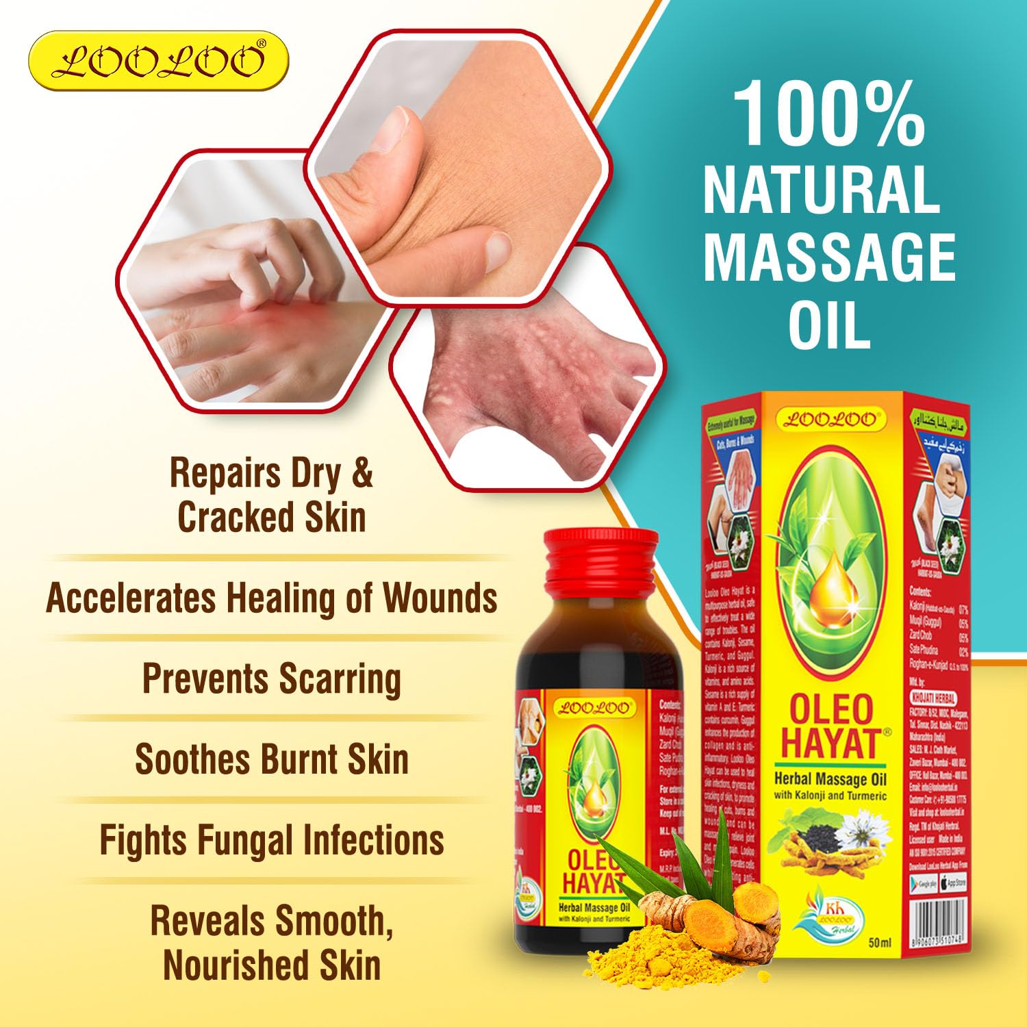 LooLoo Oleo Hayat Herbal Massage Oil with Kalonji & Turmeric - Skin Repair & Nourishment - 3 Pack (50ml Each) - Perfect for Relaxation, Aromatherapy & Spa Treatments