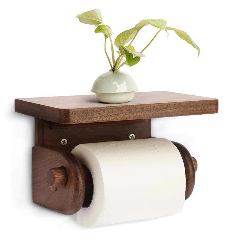 QIFFIY Modern Solid Wood Toilet Paper Holder - Wall Mounted Bathroom Tissue Roll Hanging Rack with Wooden Shelf | Rustic Brown Home Decor for Bathroom, Vanity & Powder Room Organization
