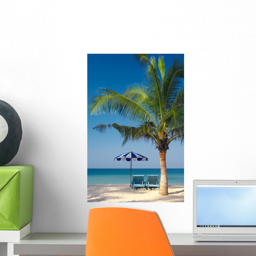 Wallmonkeys Peel and Stick Wall Mural - Tropical Palm Chairs & Umbrella Design (18x12 Inches) - Perfect for Beach House, Bathroom, or Nursery Decor