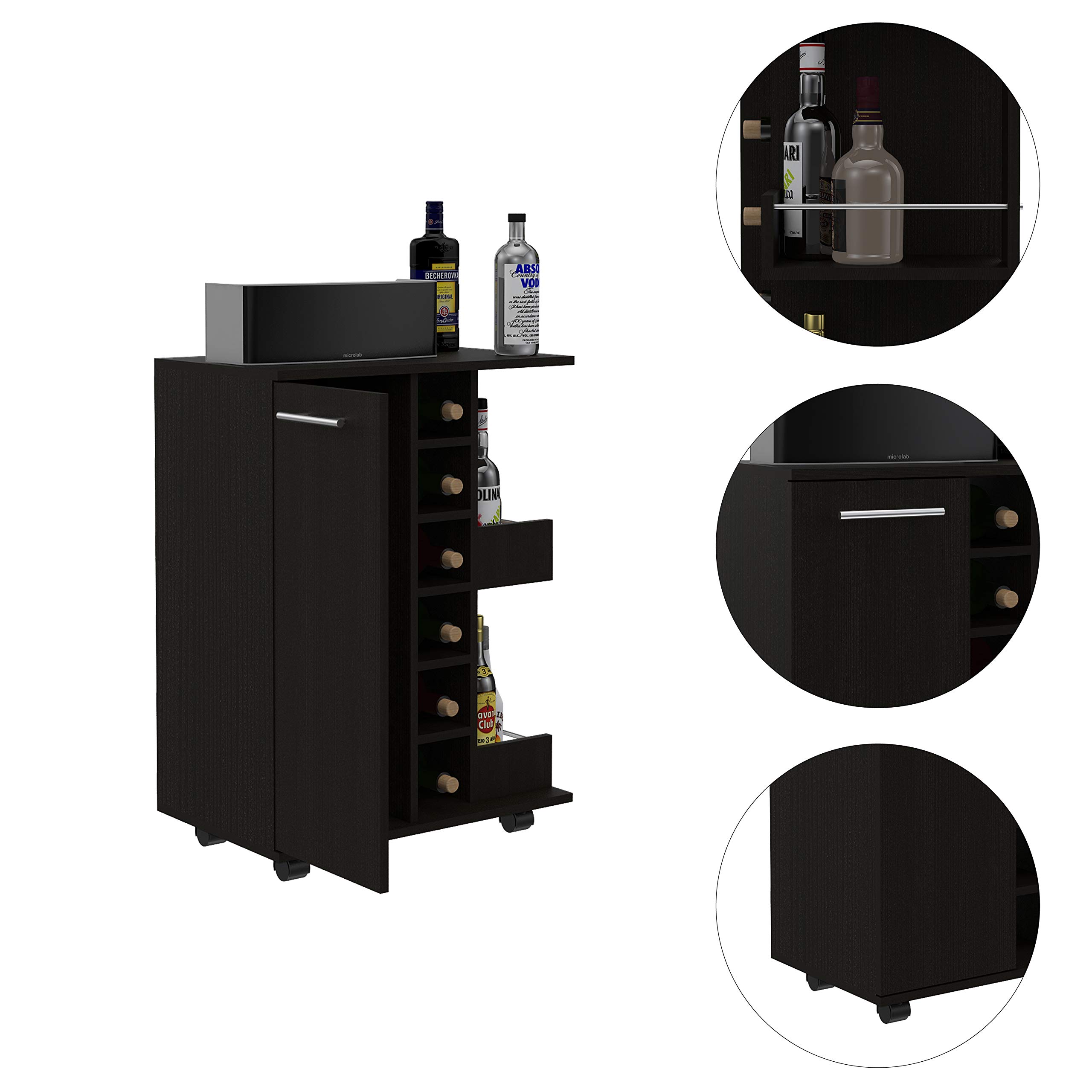 Tennessee 29-inch Tall Bar Cart with Cabinet Storage - 6 Cubbies & 2 Shelves - Black Wenge Finish - Perfect for Home Bar, Kitchen Organization & Living Room Decor
