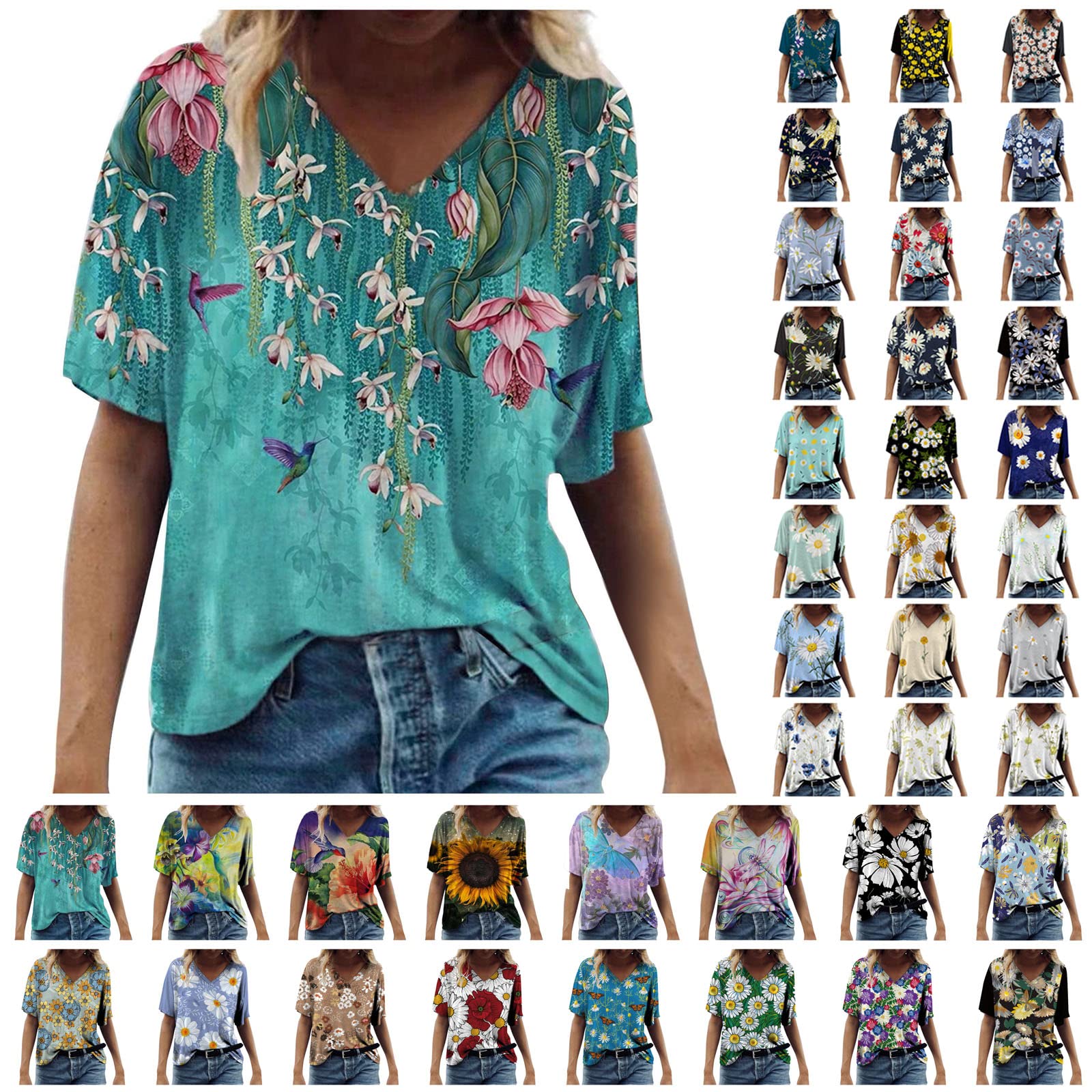 Women's Summer Short Sleeve Tunic Tops - Loose V-Neck Casual T-Shirts with Trendy Floral Sunflower Print | Perfect for Beach Outings, Weekend Wear & Summer Vacations