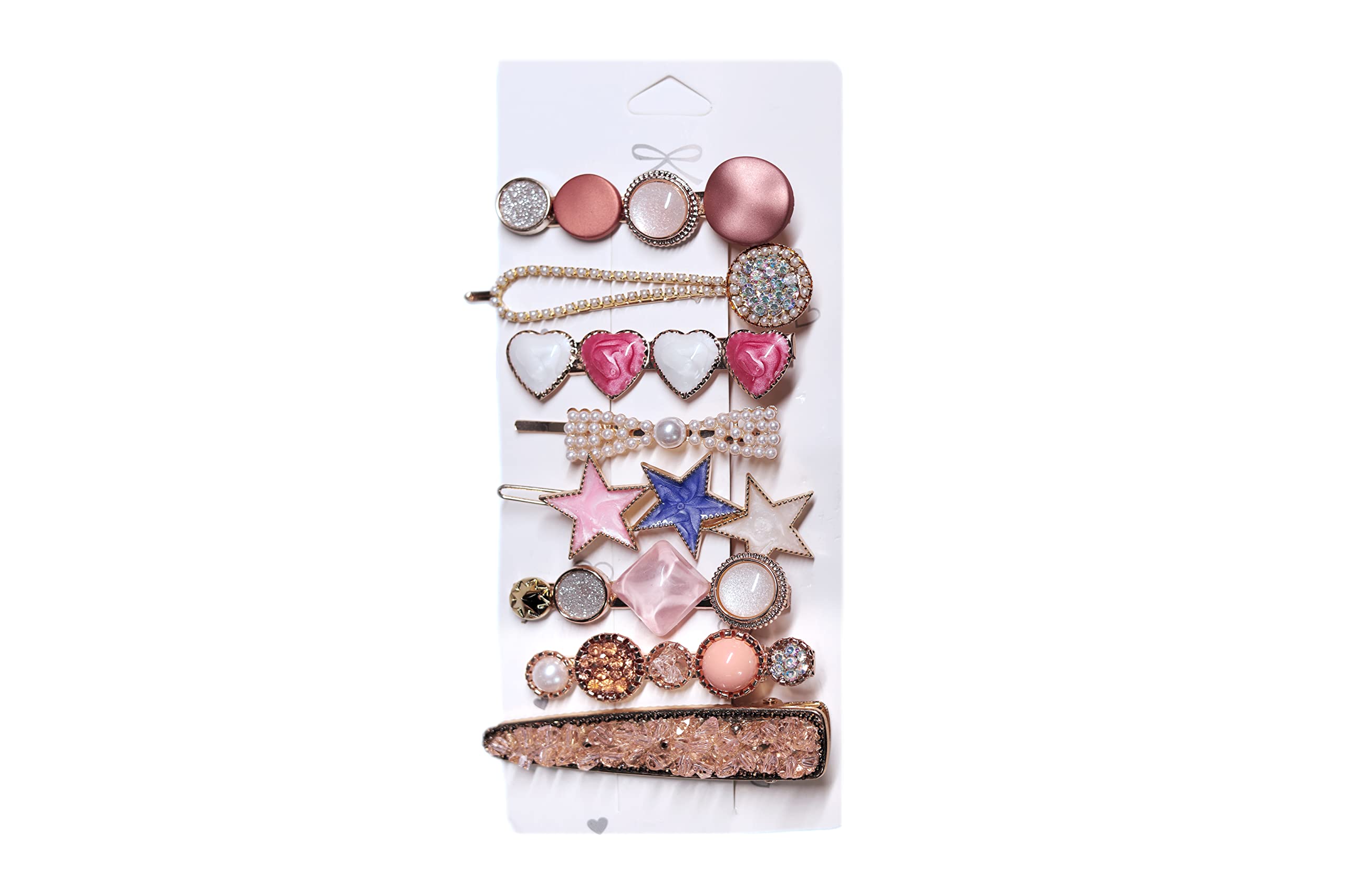 Pink Shimmer Heart Shaped Tick Tack Multicolor Hair Clips - 6 Pack with Various Designs for Women, Girls, Parties & Everyday Hairstyles
