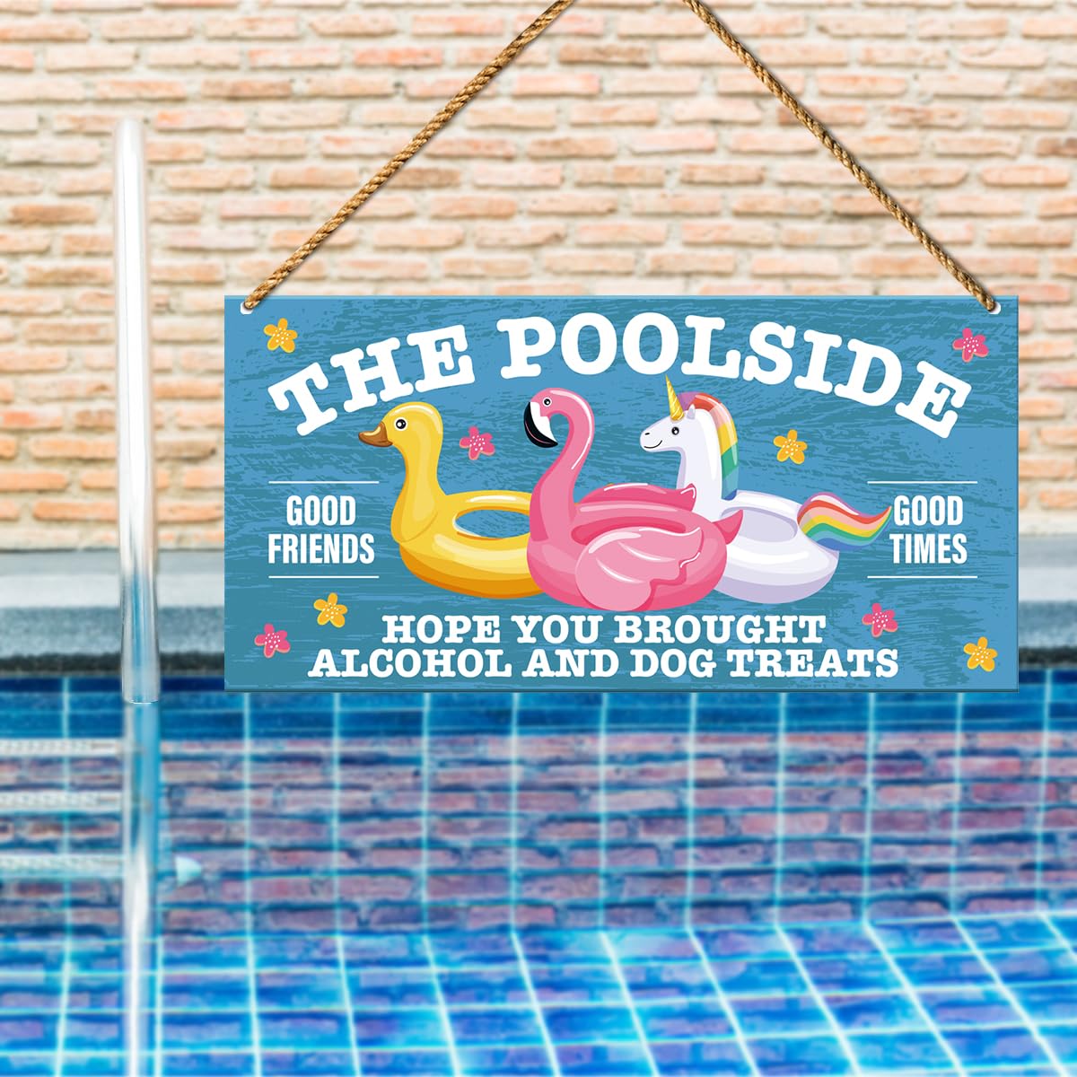 Summer Pool Wood Sign - Rustic Outdoor Patio Decor for Backyard, Porch & Poolside - Hanging Wooden Sign with 'Good Friends Good Times' Quote - Perfect for Summer Parties, BBQ Gatherings & Pool Area Decoration